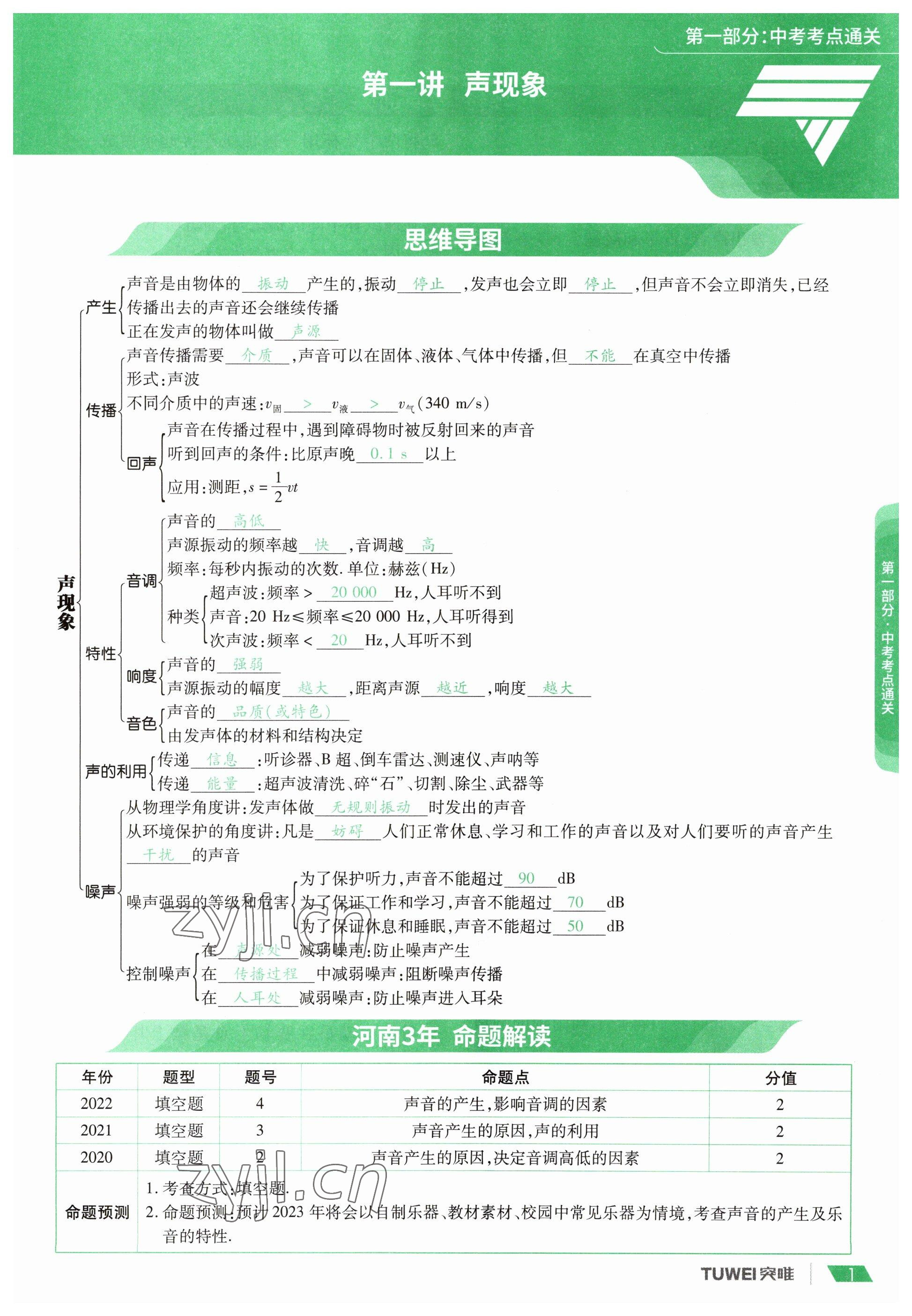 2023年一戰(zhàn)通關中考總復習物理河南專版 參考答案第1頁