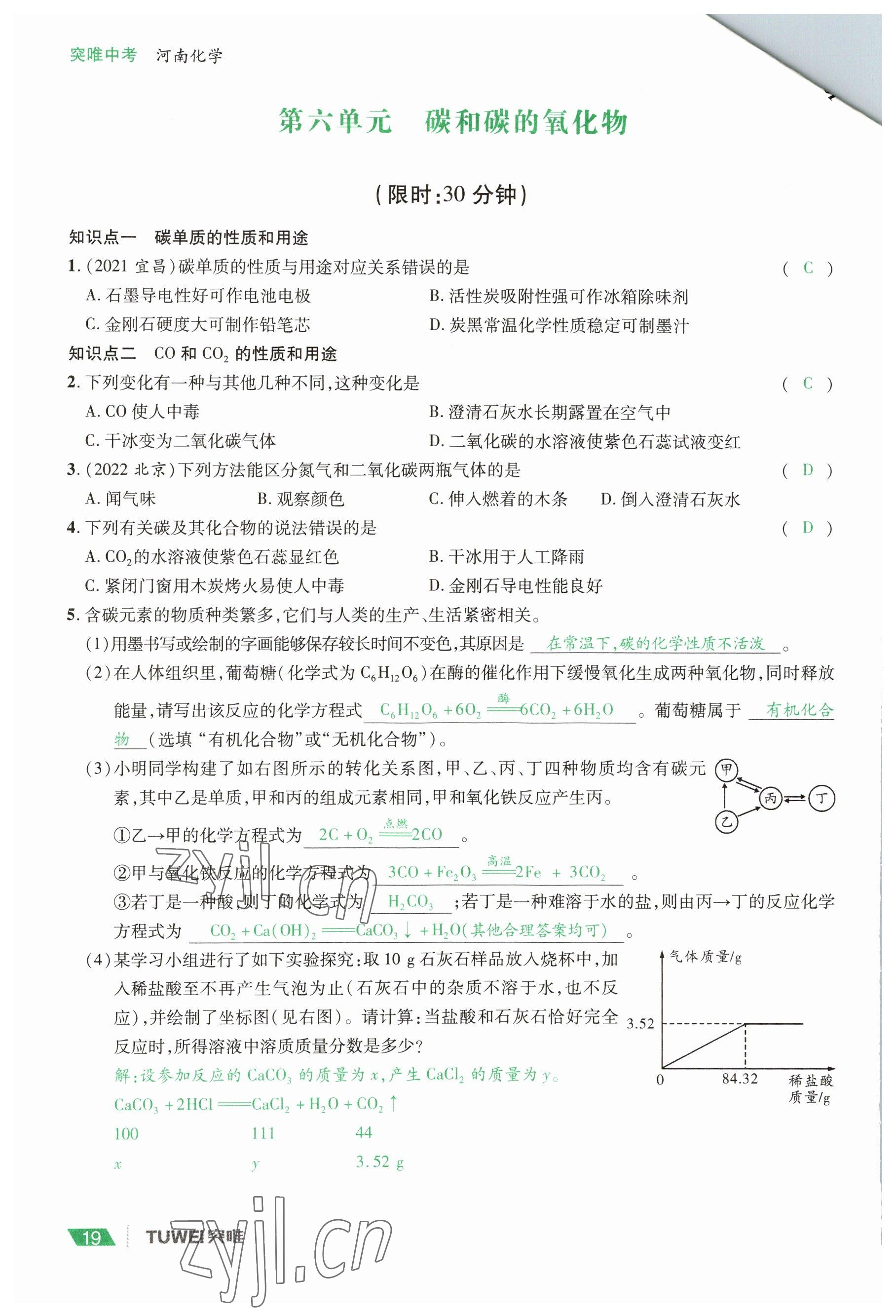 2023年一戰(zhàn)通關(guān)中考總復(fù)習(xí)化學(xué)河南專版 參考答案第19頁
