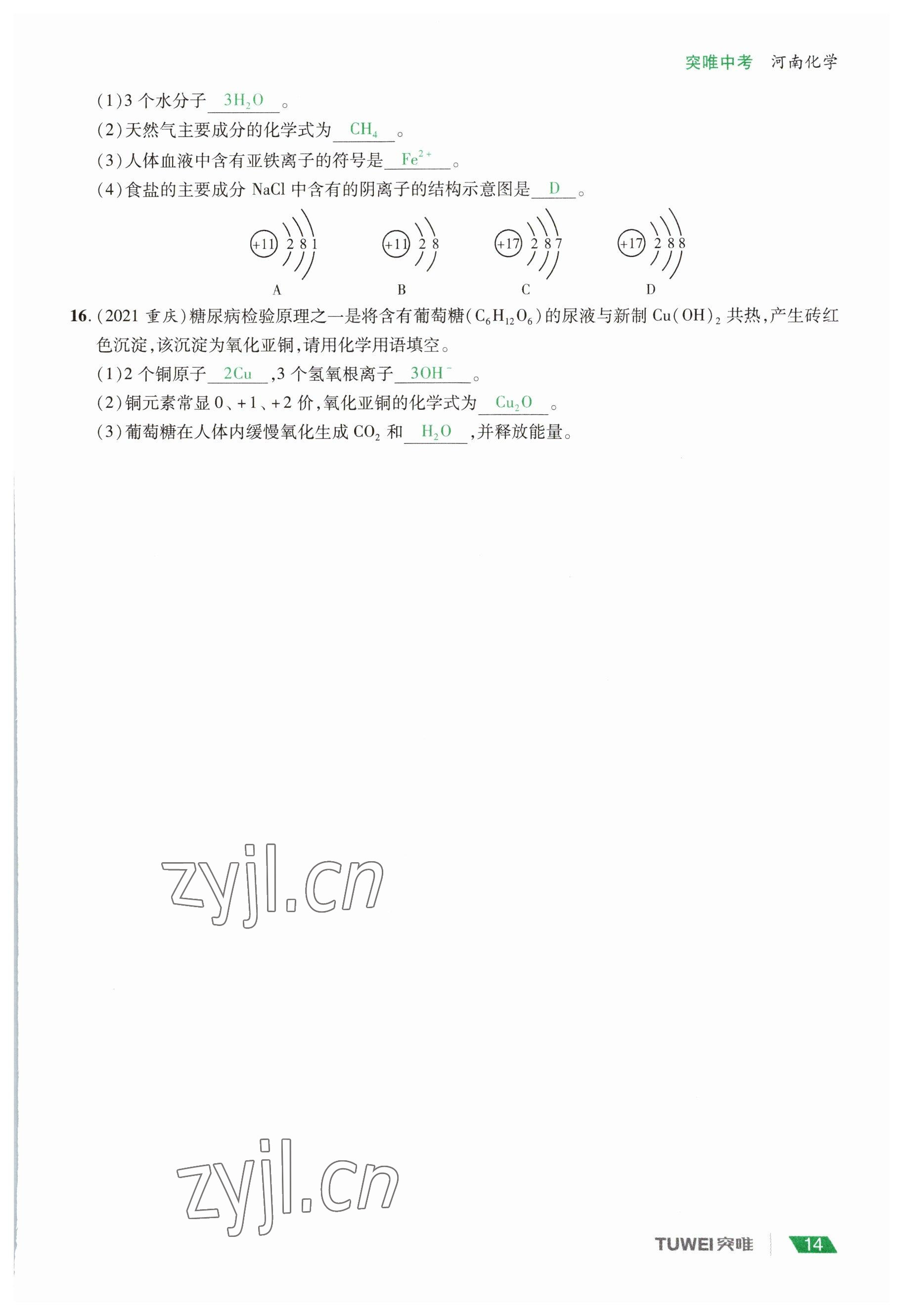 2023年一戰(zhàn)通關中考總復習化學河南專版 參考答案第14頁