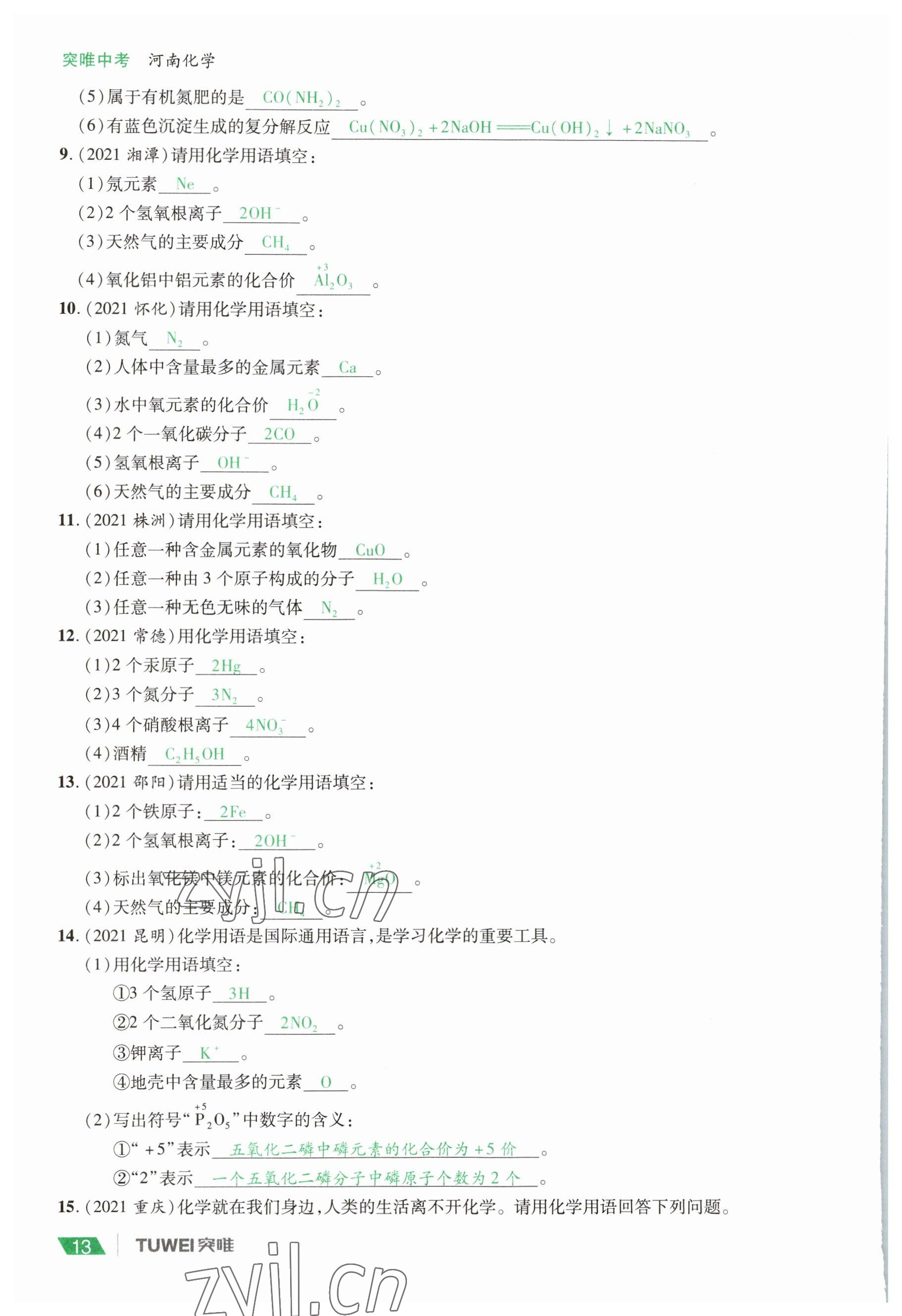 2023年一戰(zhàn)通關(guān)中考總復(fù)習(xí)化學(xué)河南專版 參考答案第13頁