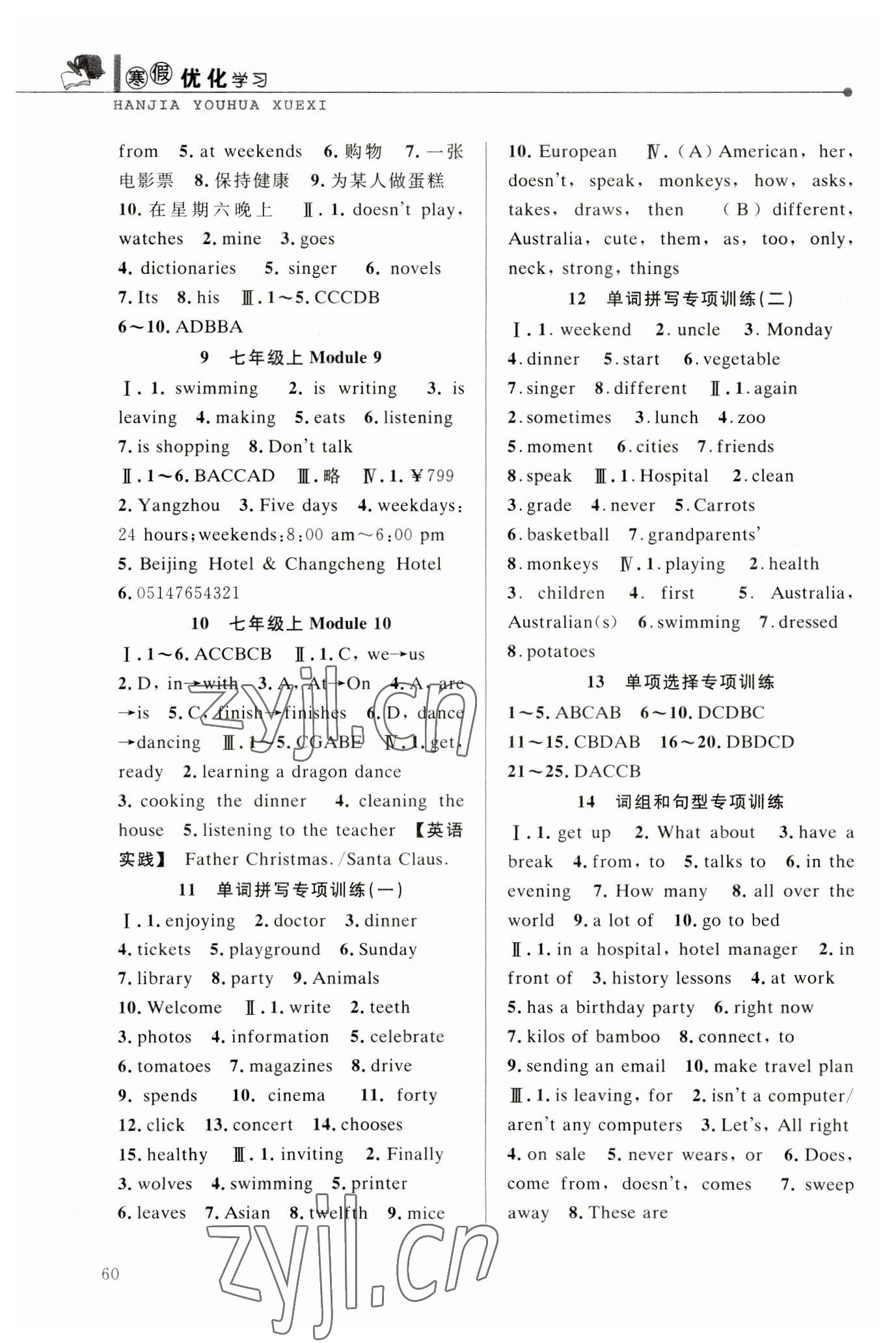2023年寒假优化学习七年级英语外研版 参考答案第2页