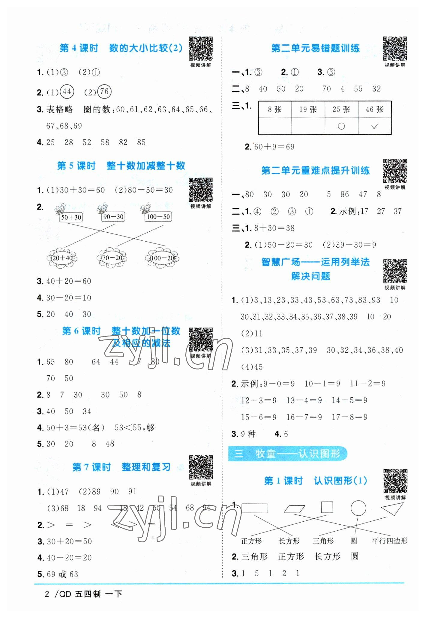 2023年陽光同學課時優(yōu)化作業(yè)一年級數(shù)學下冊青島版五四制 參考答案第2頁