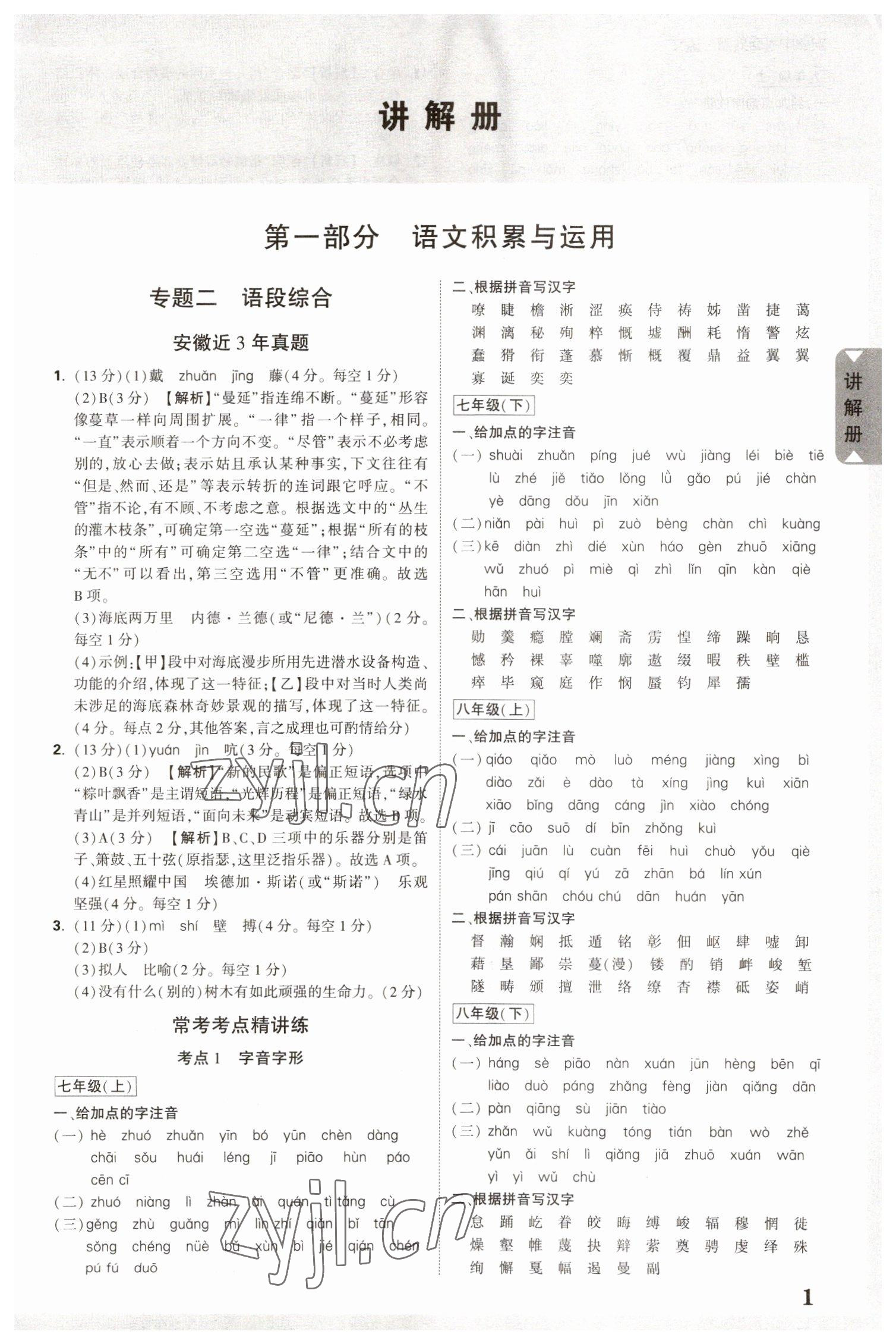 2023年中考面對(duì)面語(yǔ)文安徽專(zhuān)版 參考答案第1頁(yè)