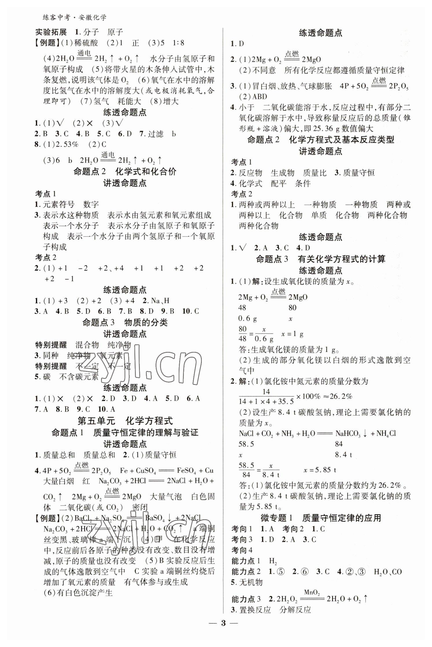 2023年練客中考提優(yōu)方案化學(xué)安徽專(zhuān)版 參考答案第3頁(yè)