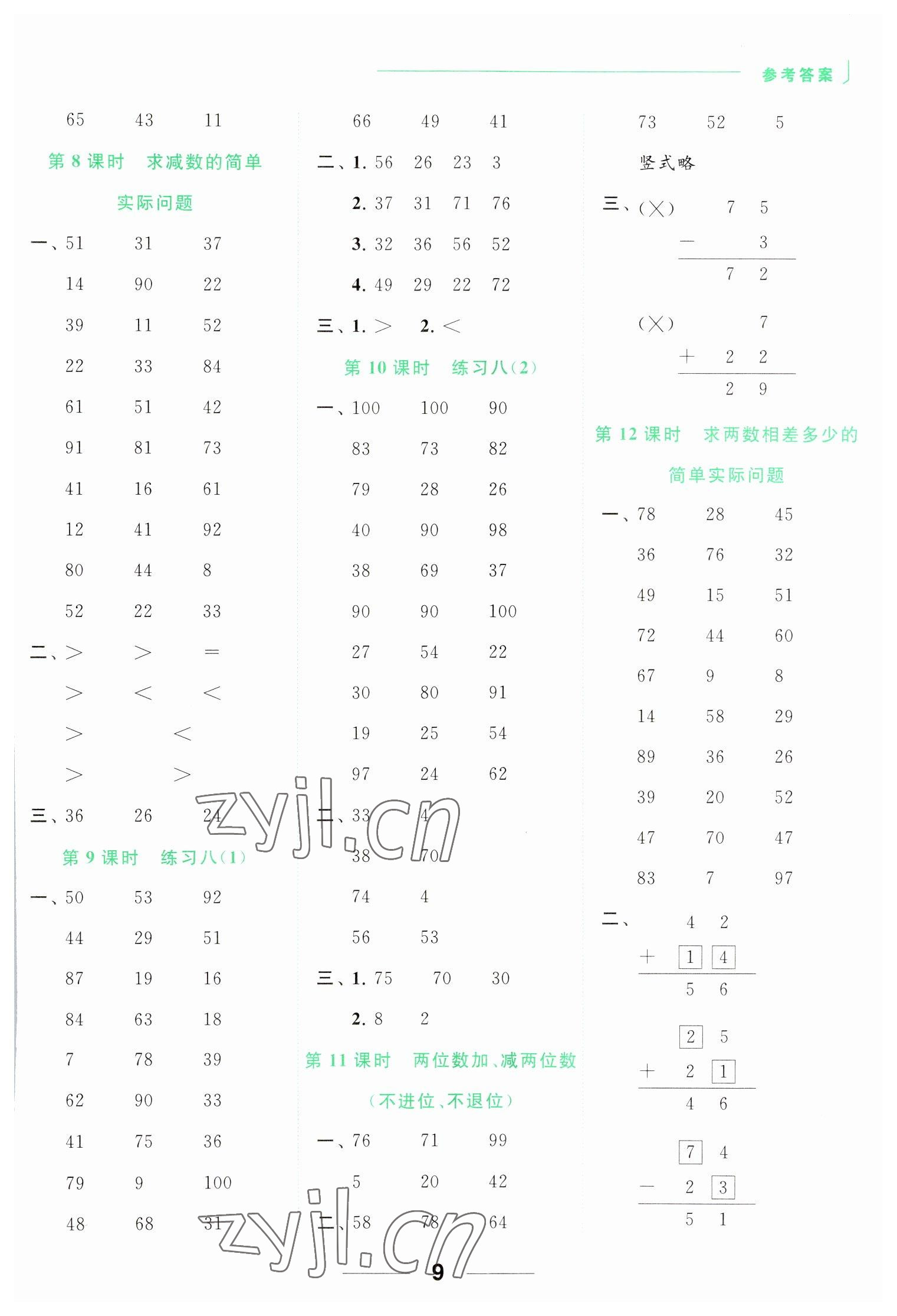 2023年亮點(diǎn)給力計(jì)算天天練一年級(jí)數(shù)學(xué)下冊(cè)蘇教版 參考答案第9頁