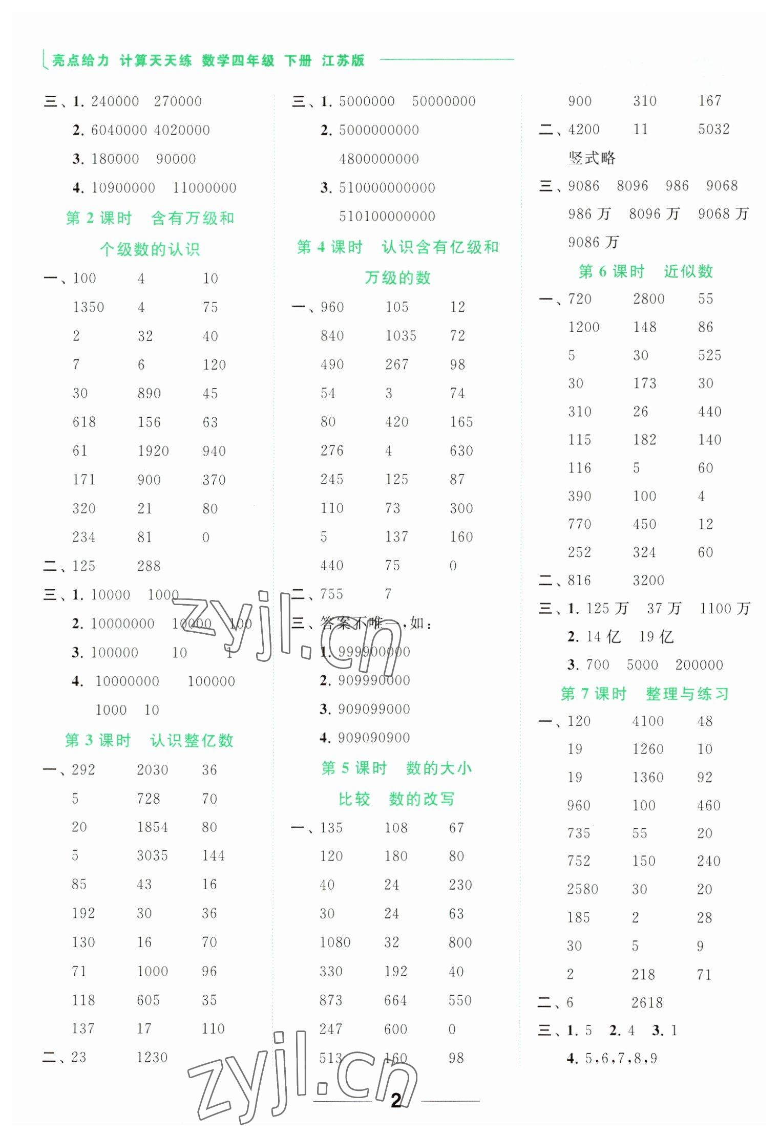 2023年亮點(diǎn)給力計算天天練四年級數(shù)學(xué)下冊蘇教版 參考答案第2頁