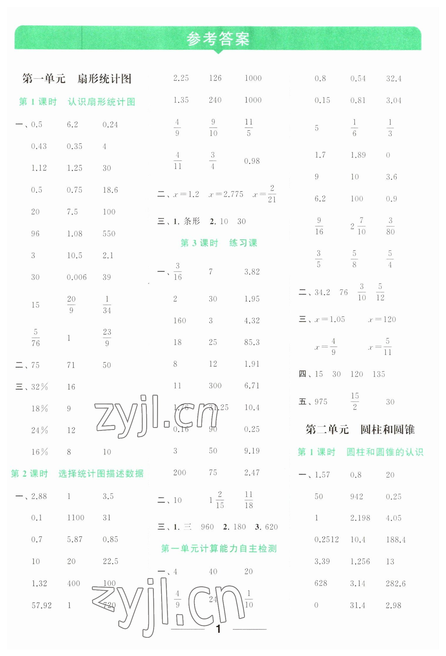 2023年亮點給力計算天天練六年級數(shù)學(xué)下冊蘇教版 參考答案第1頁