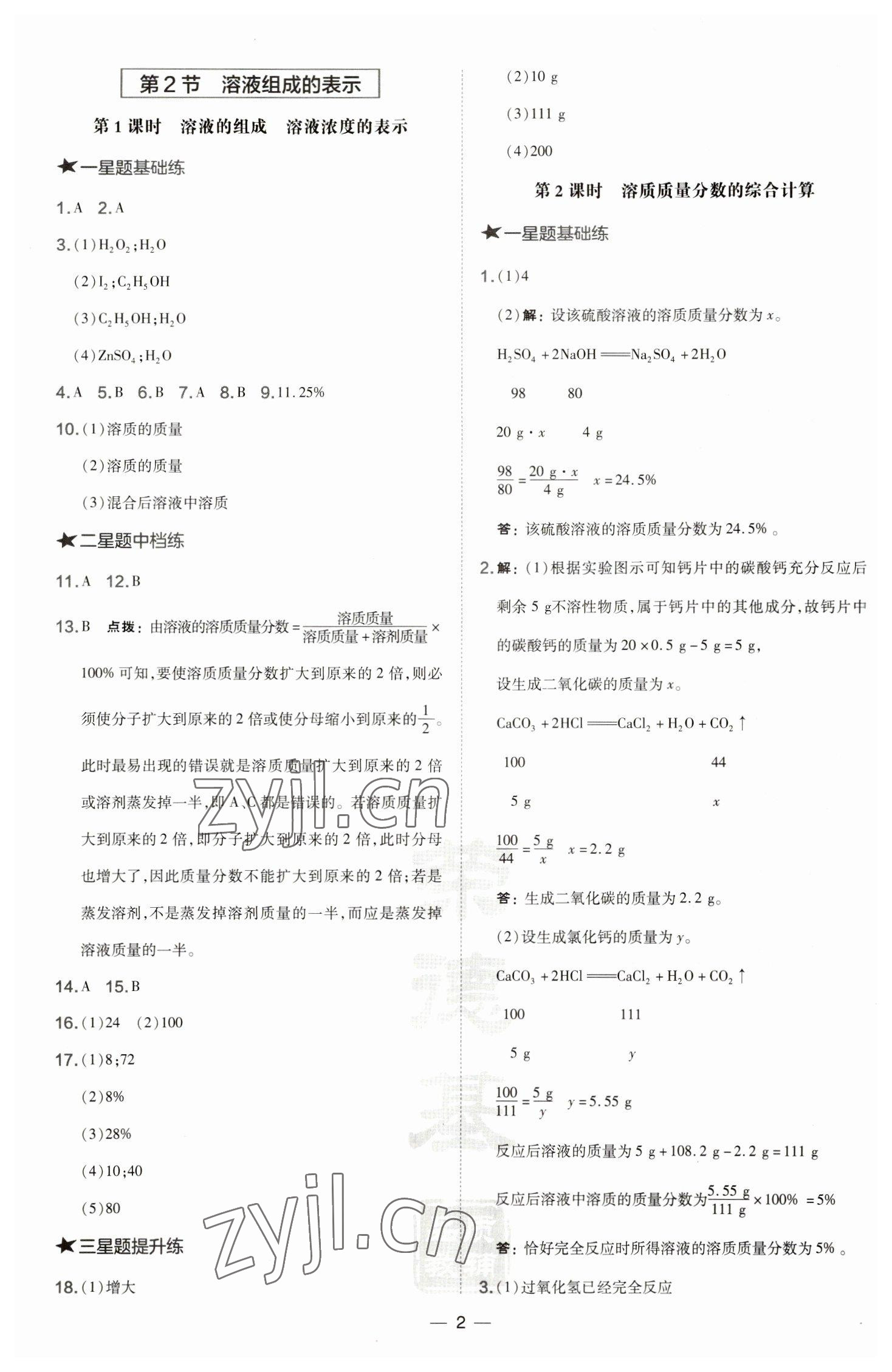 2023年点拨训练九年级化学下册沪教版 参考答案第2页