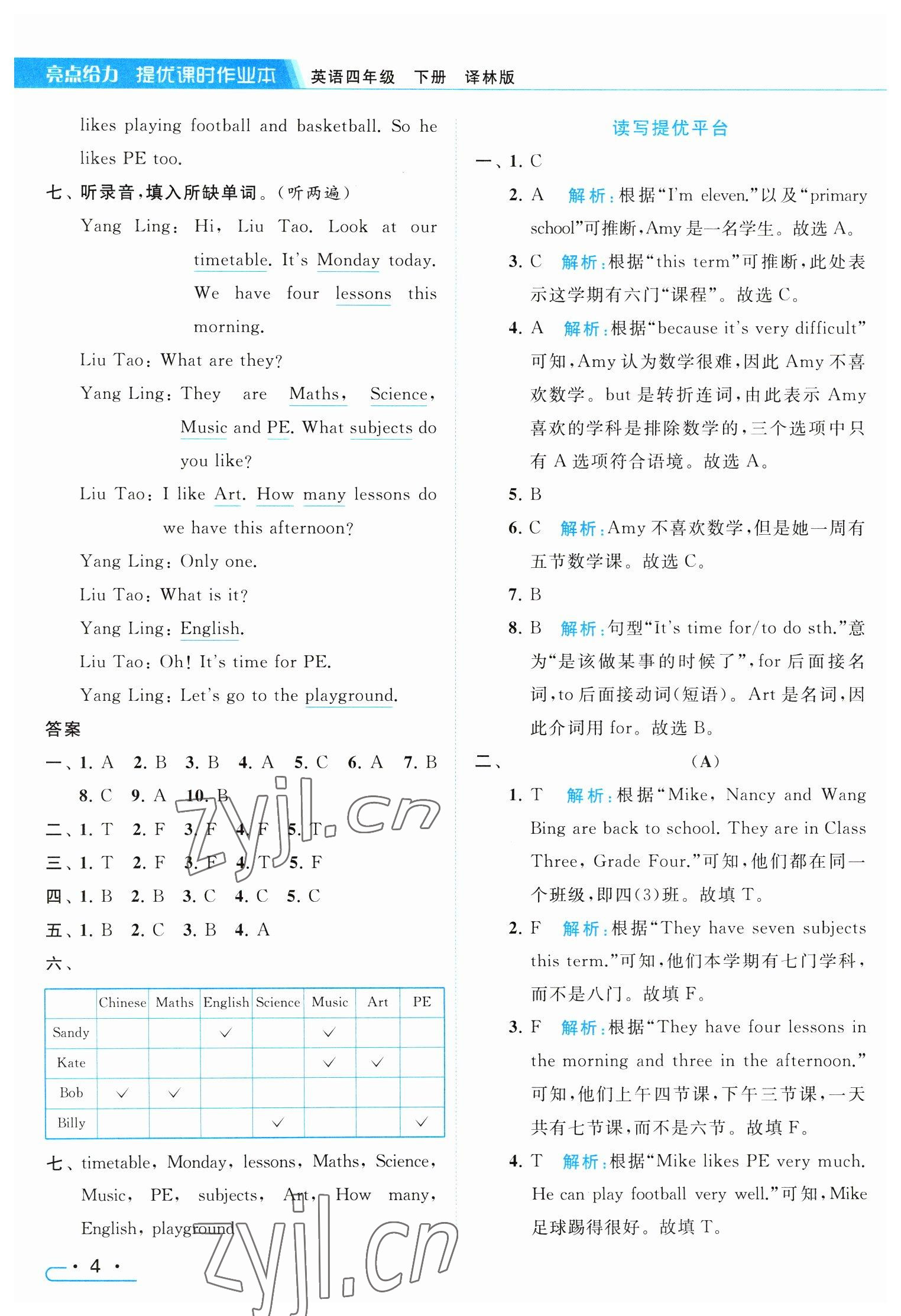 2023年亮点给力提优课时作业本四年级英语下册译林版 参考答案第4页