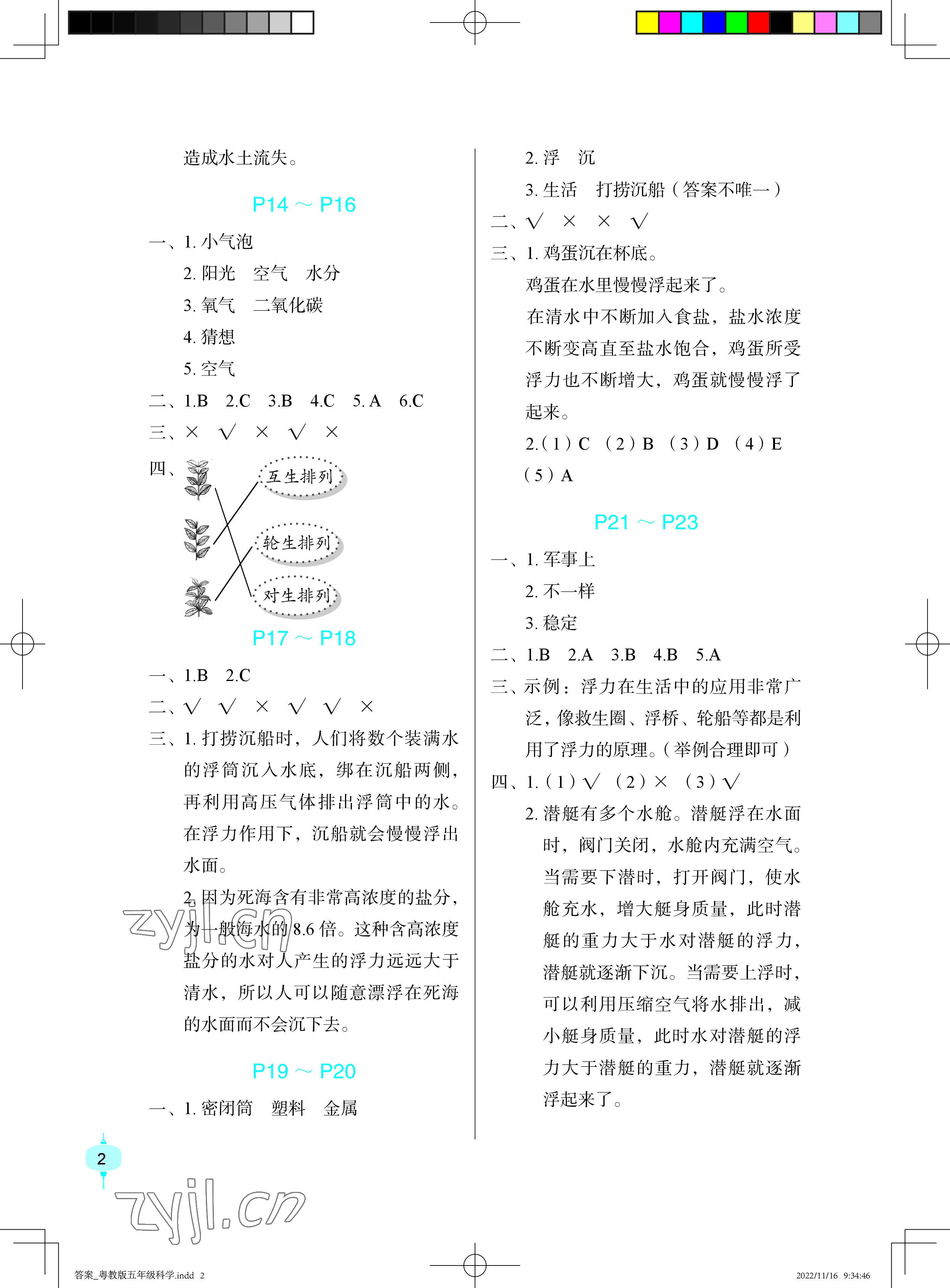 2023年寒假作业长江少年儿童出版社五年级科学寒假作业粤教版 参考答案第2页