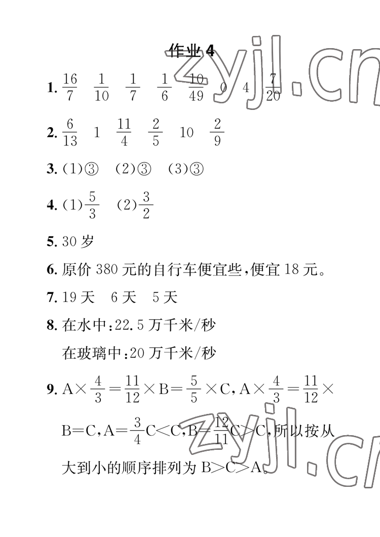 2023年长江寒假作业崇文书局六年级数学人教版 参考答案第4页