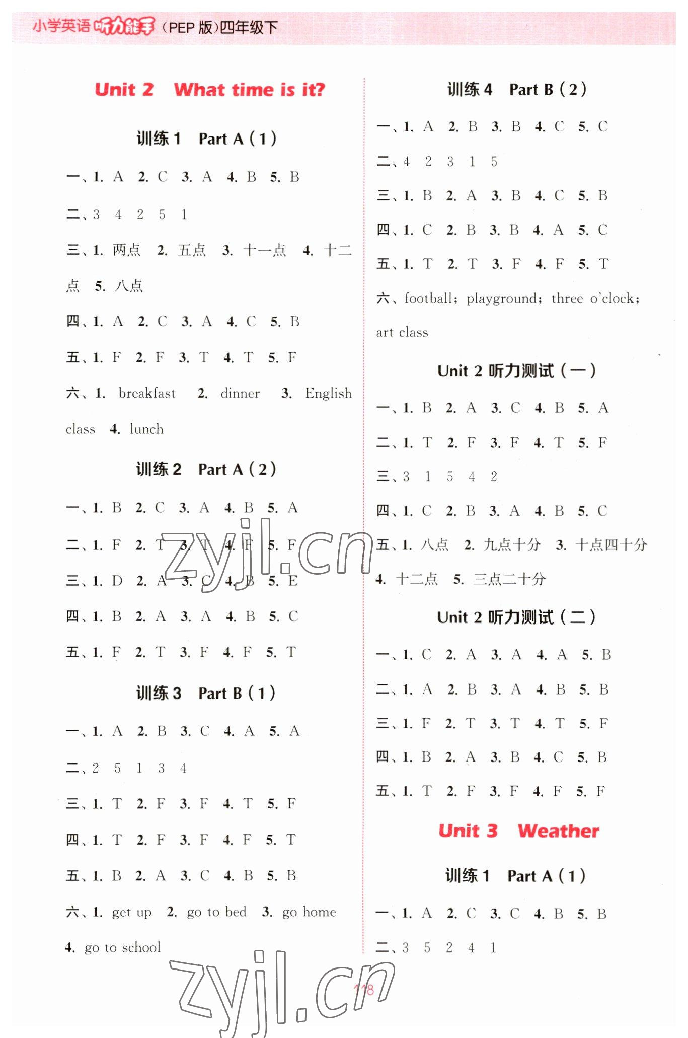 2023年通城学典小学英语听力能手四年级下册人教版 参考答案第2页