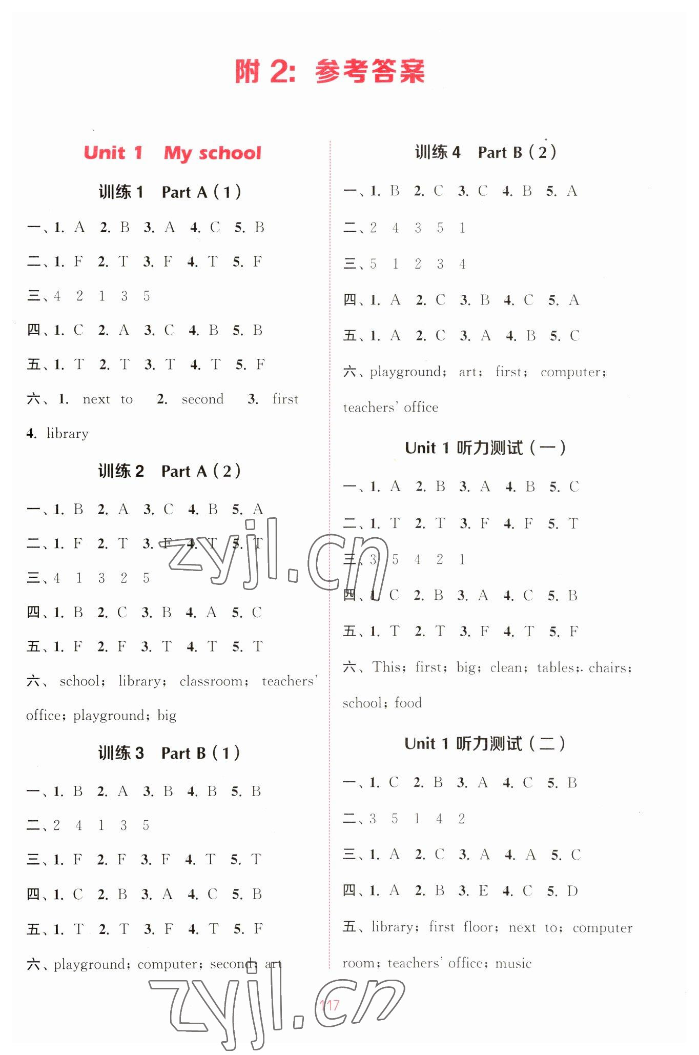 2023年通城學(xué)典小學(xué)英語聽力能手四年級(jí)下冊(cè)人教版 參考答案第1頁