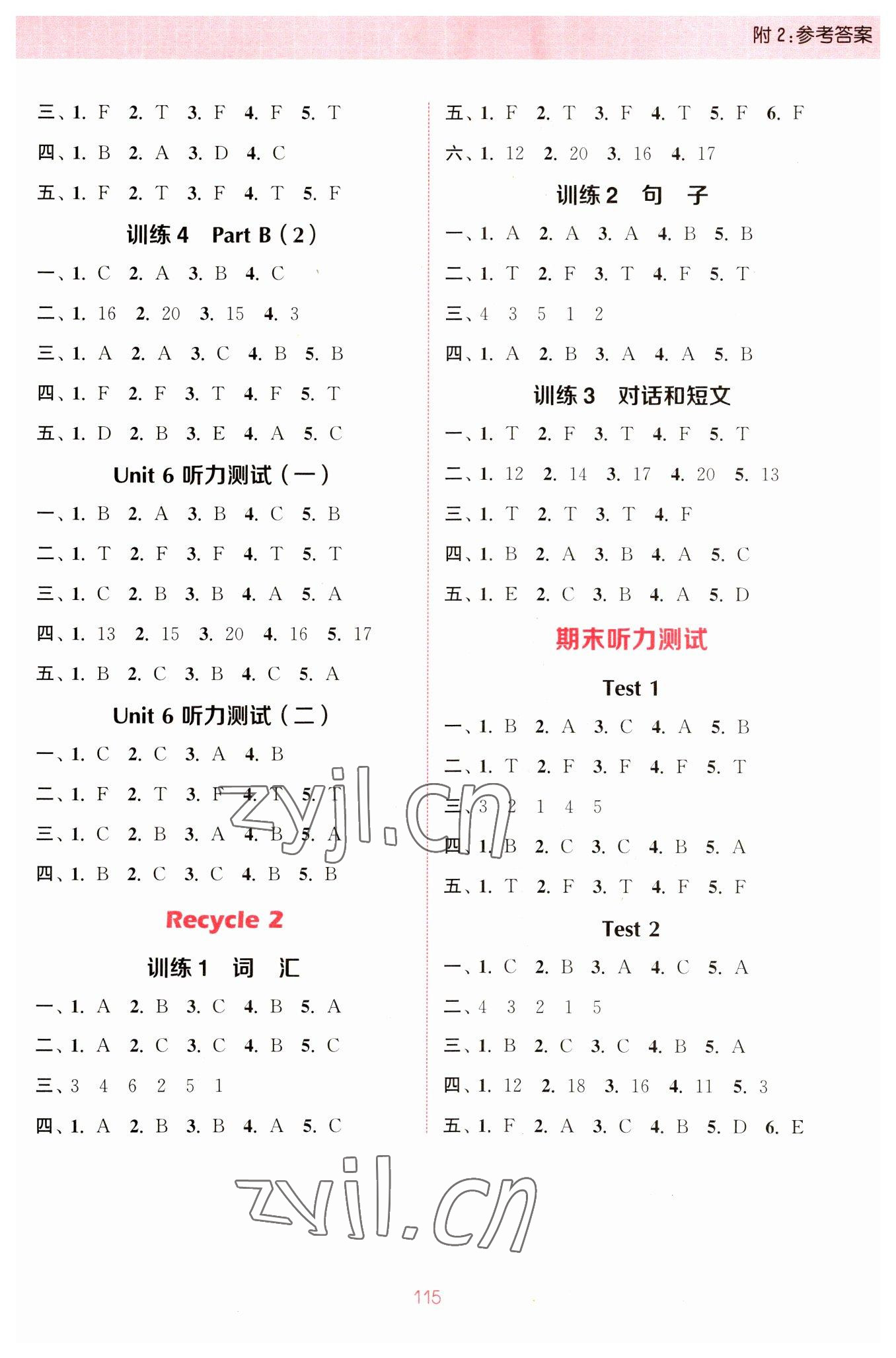 2023年通城學(xué)典小學(xué)英語聽力能手三年級下冊人教版 參考答案第5頁