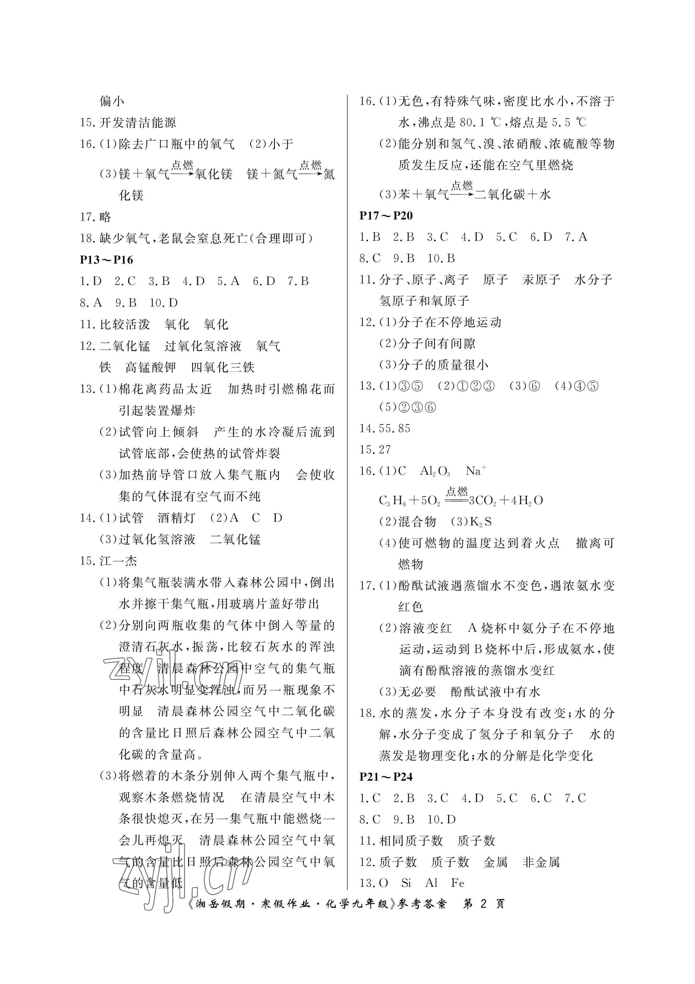 2023年湘岳假期寒假作业九年级化学人教版第二版 参考答案第2页