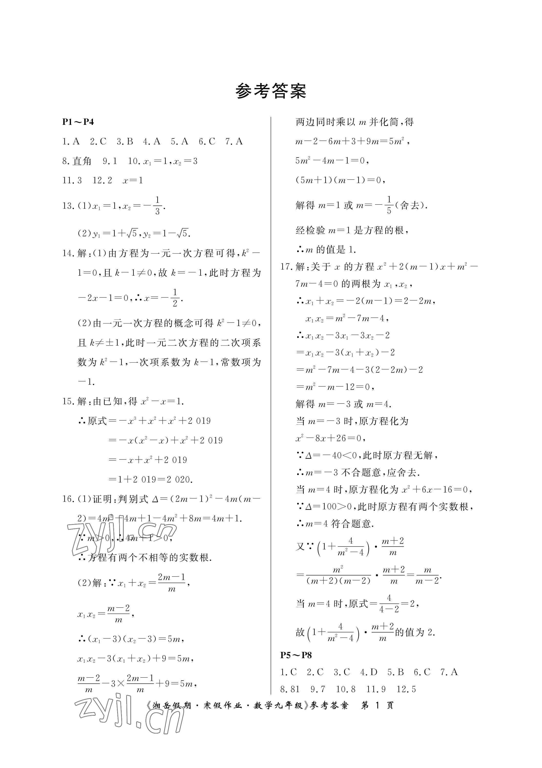 2023年湘岳假期寒假作业九年级数学人教版第三版 参考答案第1页