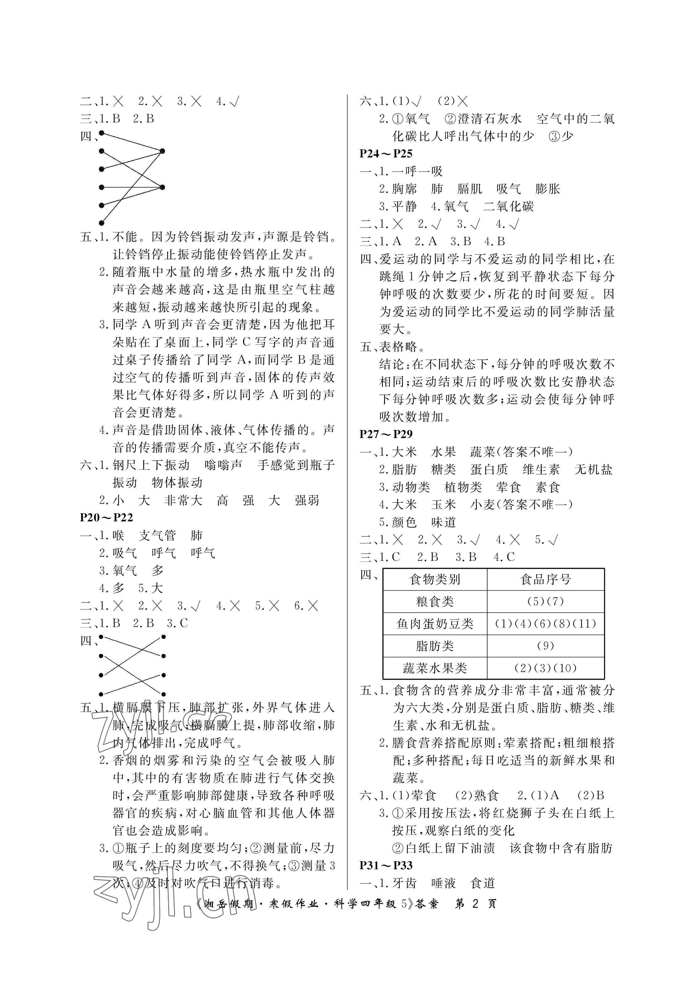 2023年湘岳假期寒假作业四年级科学教科版第五版 参考答案第2页