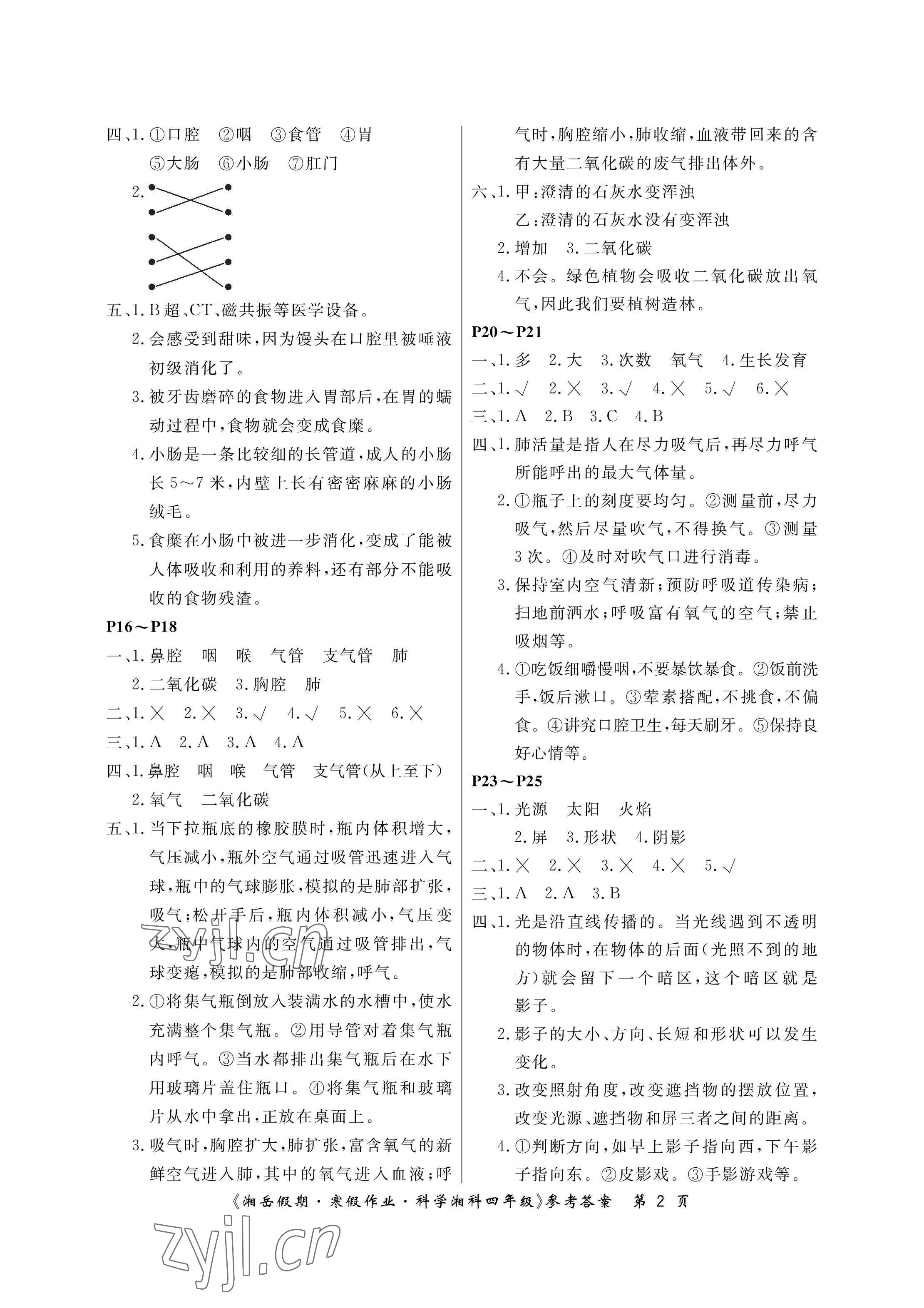 2023年湘岳假期寒假作业四年级科学全湘科版第六版 参考答案第2页