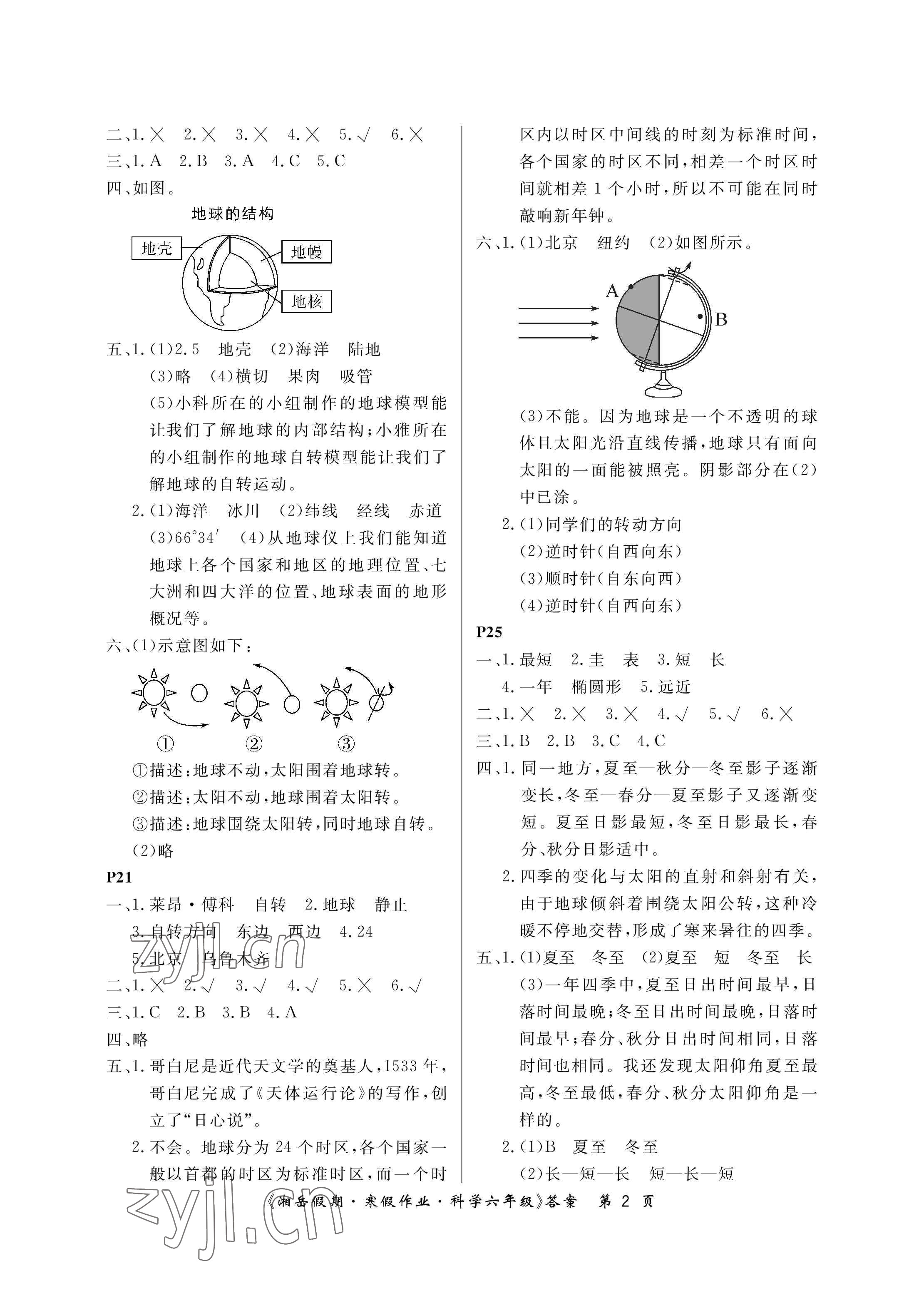 2023年湘岳假期寒假作业六年级科学教科版第五版 参考答案第2页