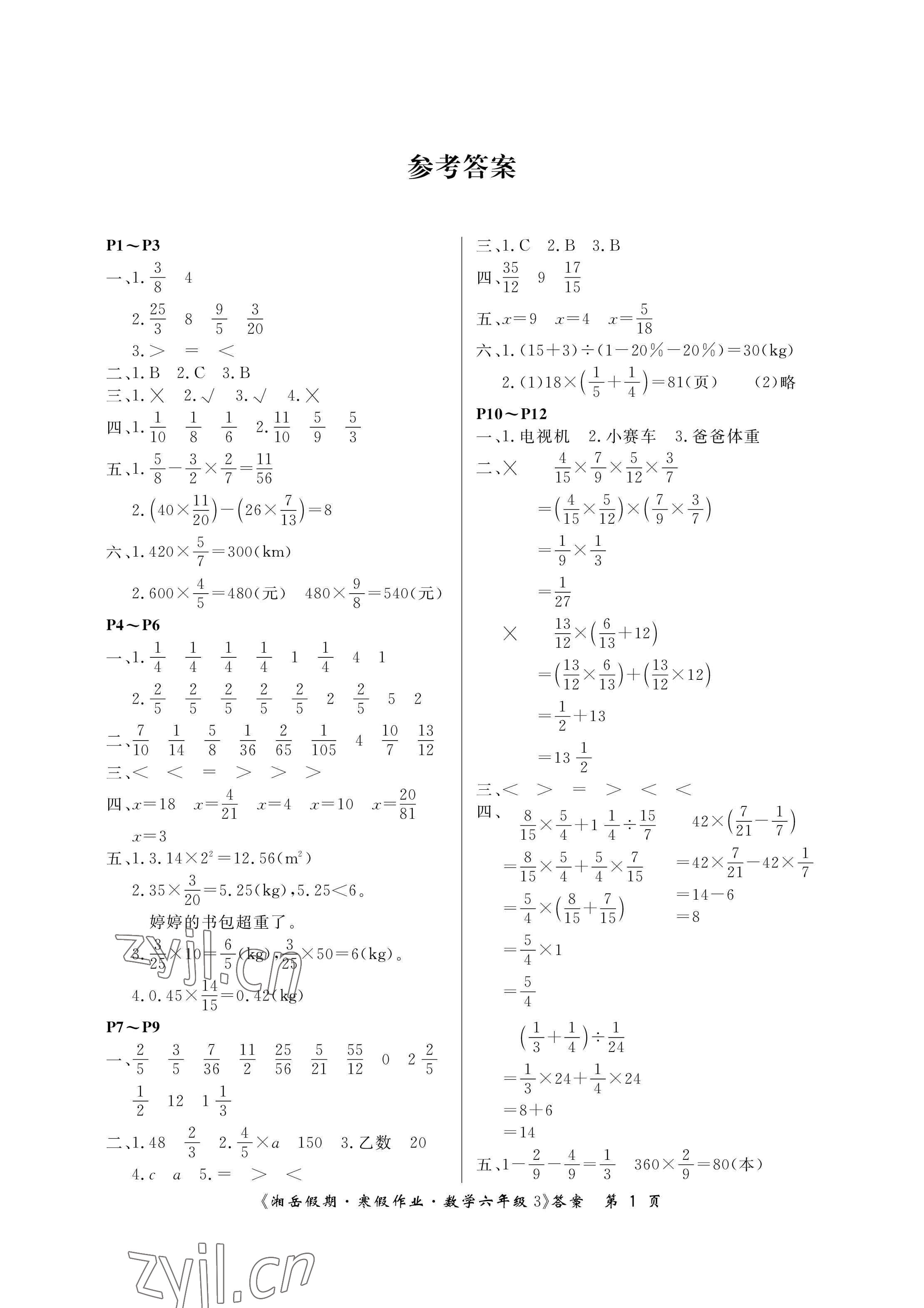 2023年湘岳假期寒假作业六年级数学人教版第三版 参考答案第1页