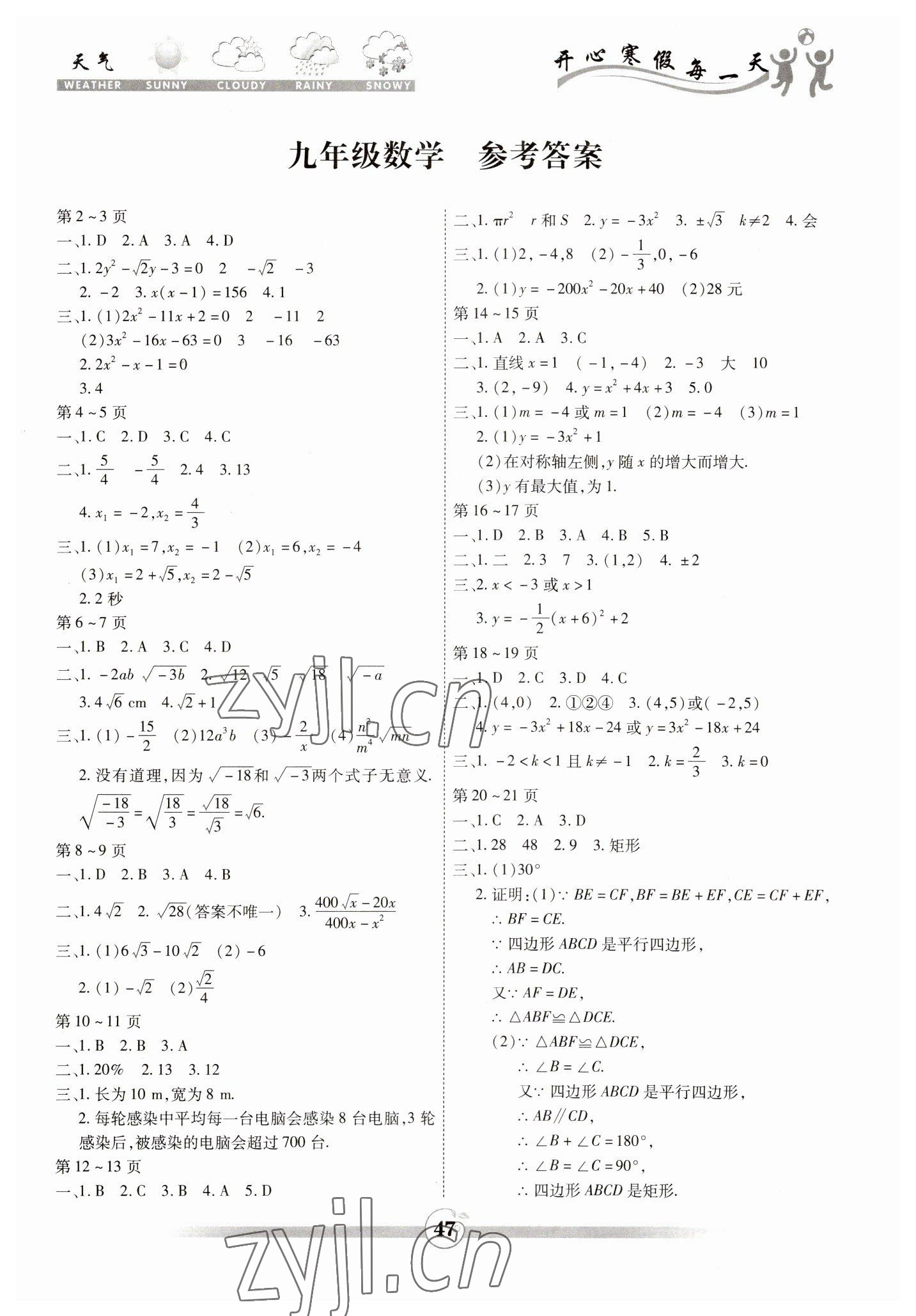 2023年智趣寒假作业九年级数学人教版 第1页