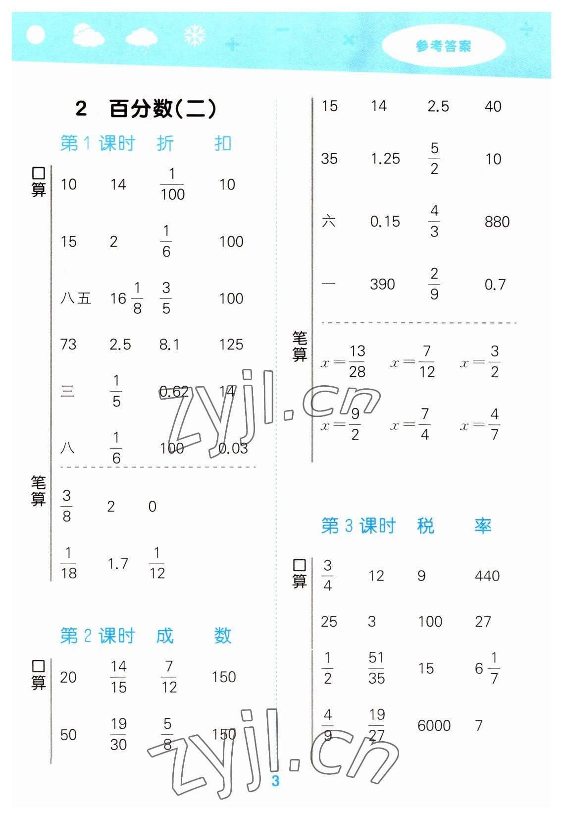 2023年口算大通關(guān)六年級數(shù)學(xué)下冊人教版 參考答案第3頁