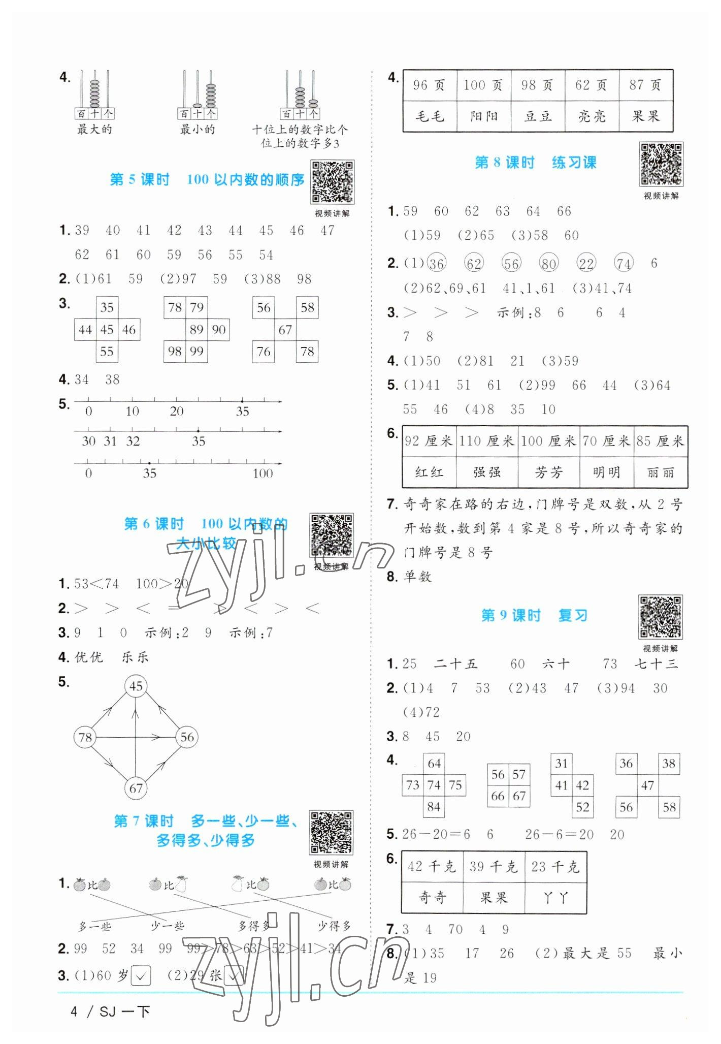 2023年阳光同学课时优化作业一年级数学下册苏教版 参考答案第4页