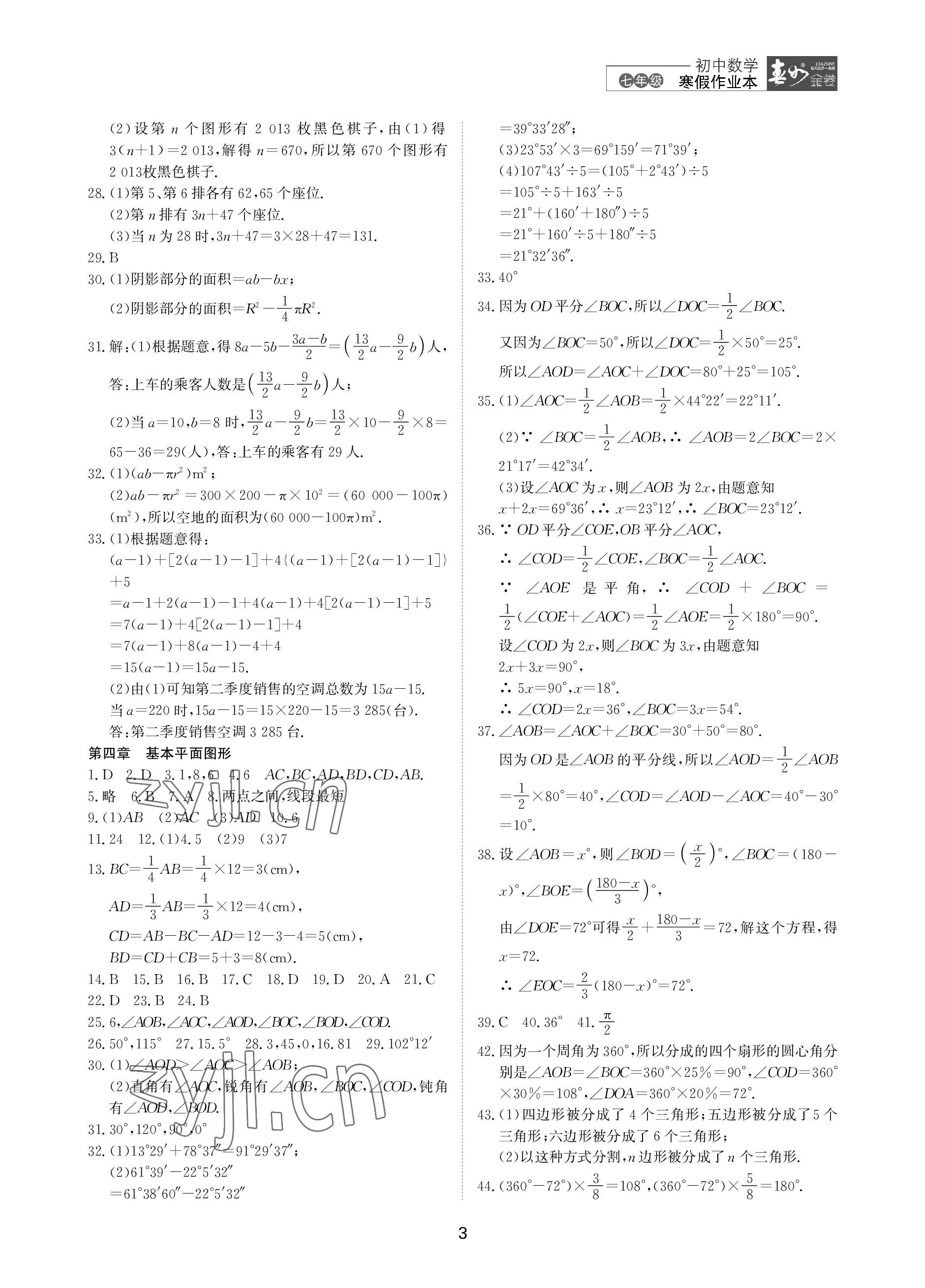 2023年春如金卷数学寒假作业本七年级 参考答案第3页