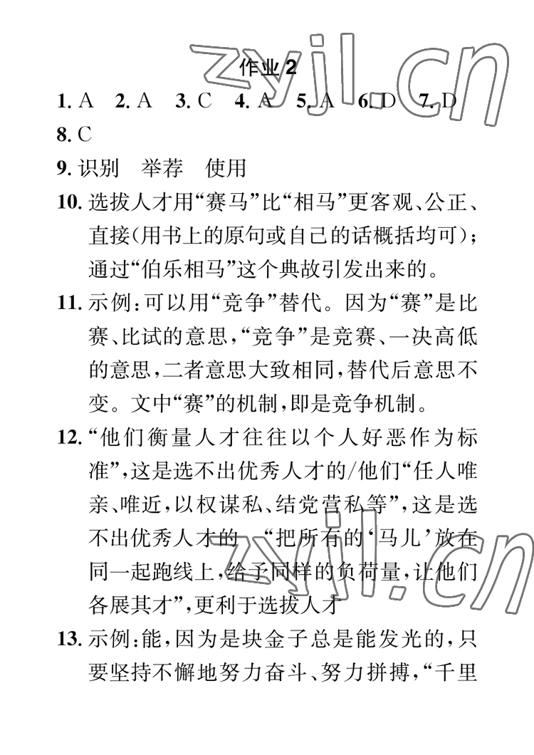 2023年長江寒假作業(yè)崇文書局九年級語文 參考答案第2頁