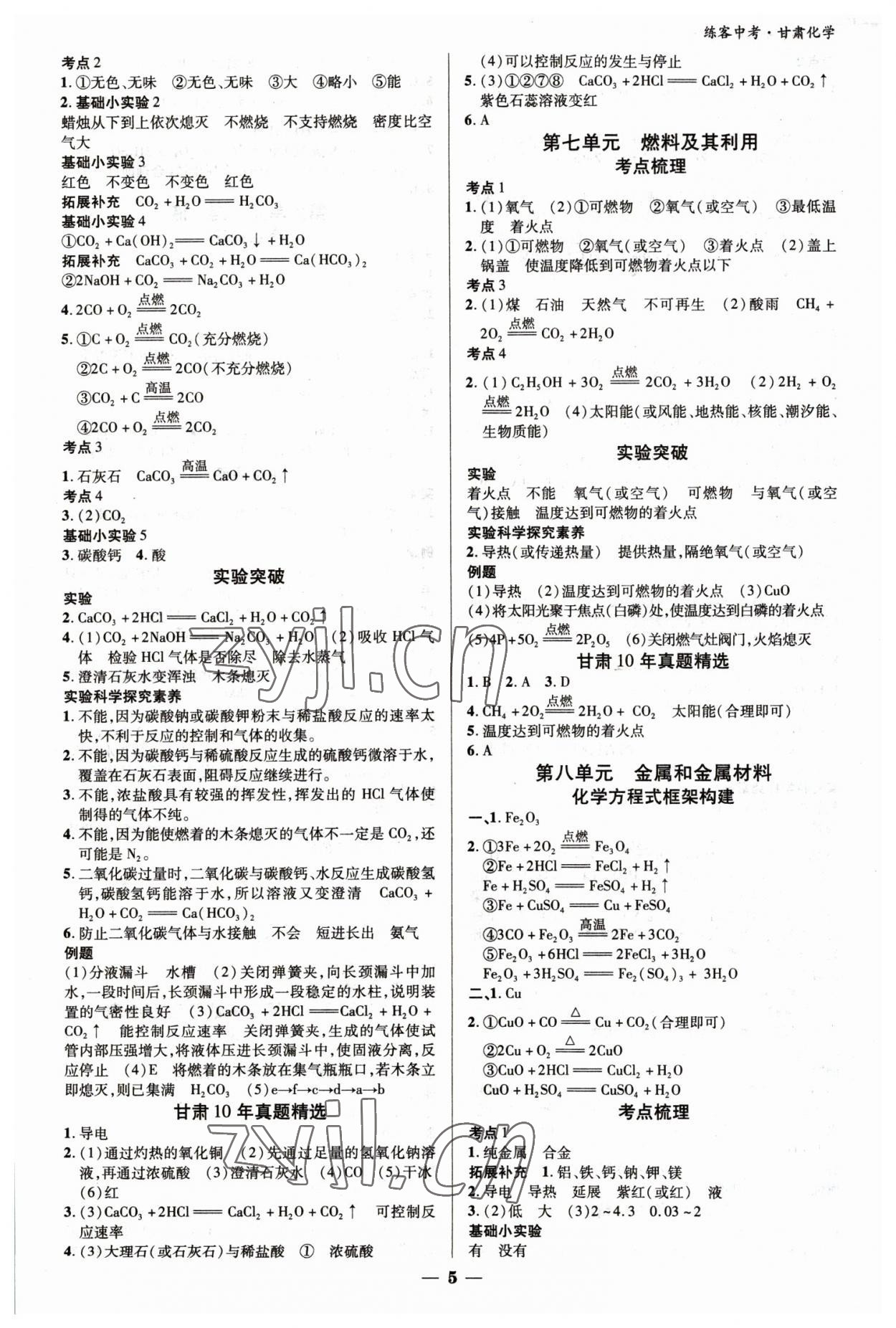 2023年練客中考提優方案化學甘肅專版 參考答案第4頁