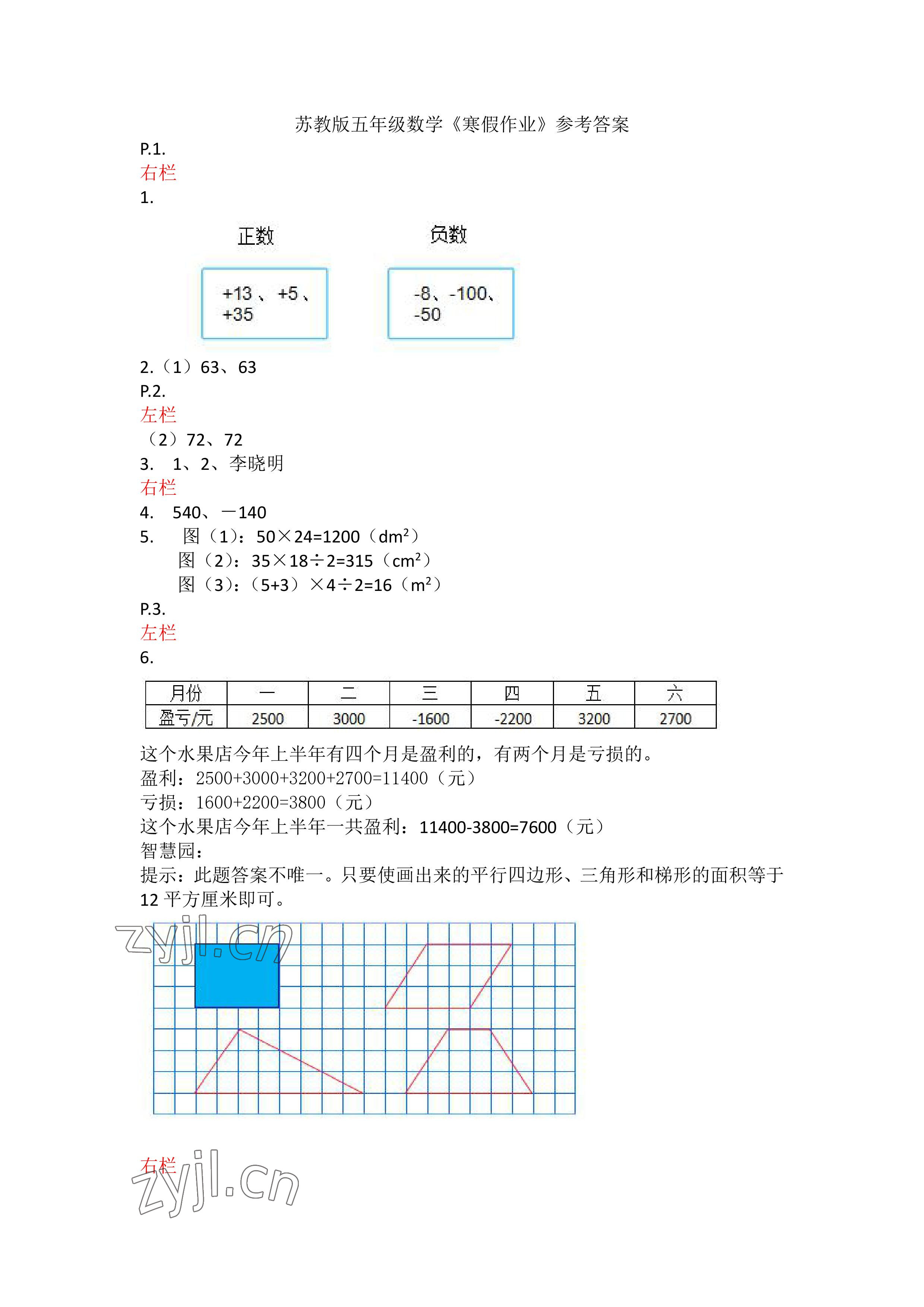 2023年寒假作业五年级数学苏教版安徽少年儿童出版社 参考答案第1页