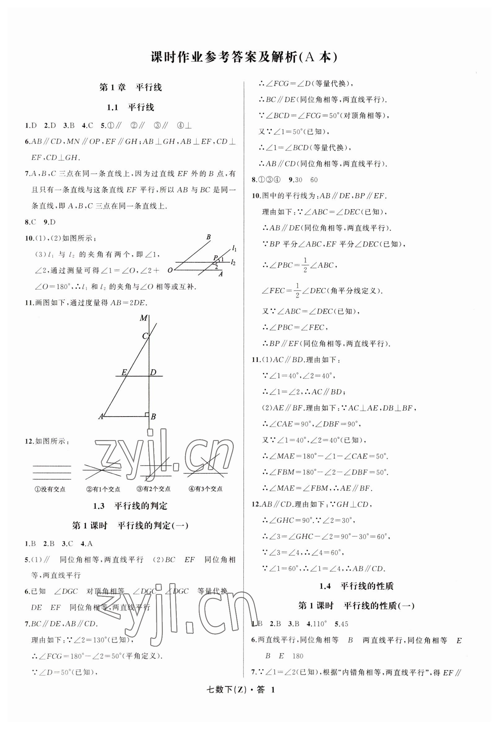 2023年名师面对面同步作业本七年级数学下册浙教版浙江专版 参考答案第1页