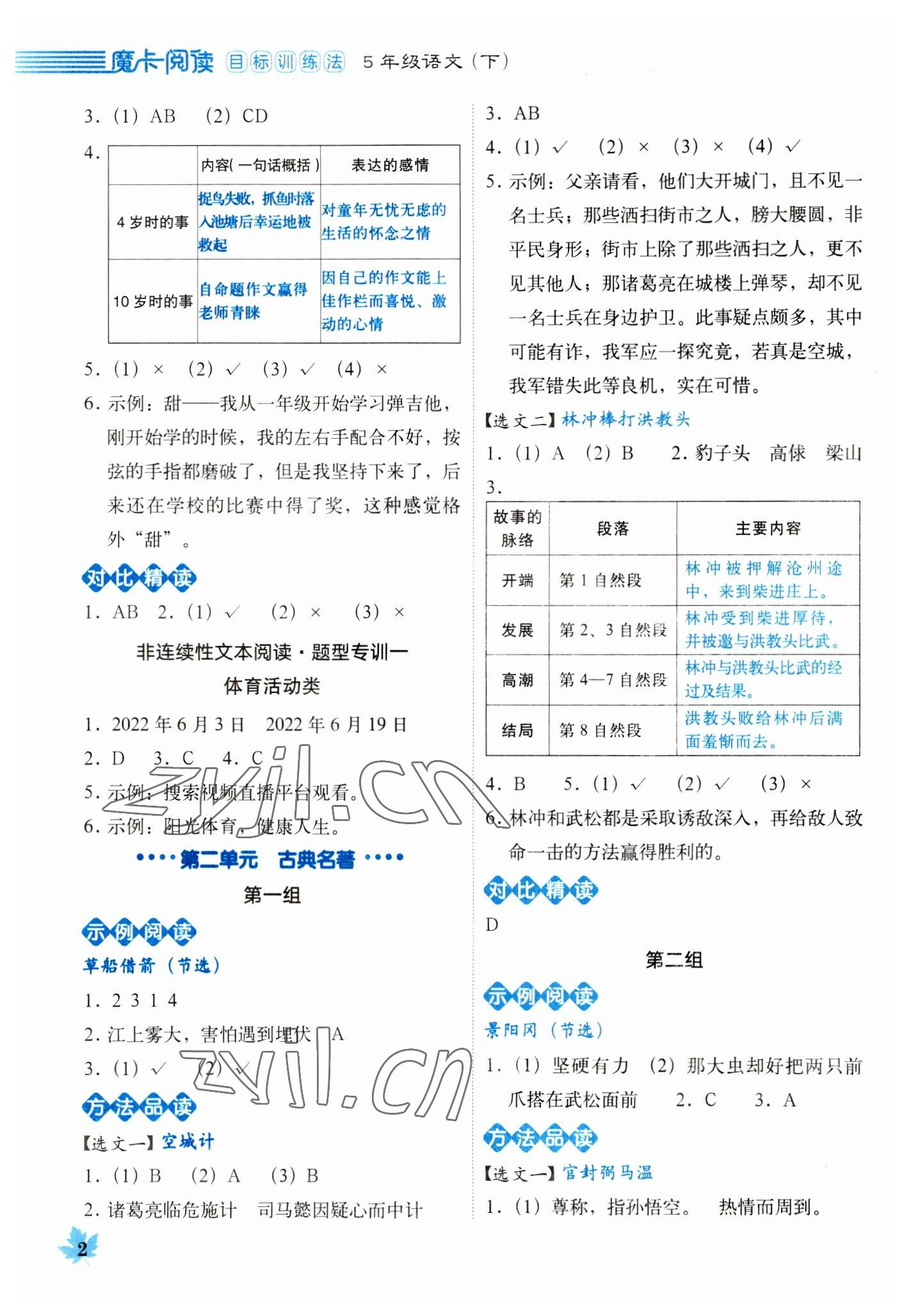 2023年魔卡閱讀目標(biāo)訓(xùn)練法五年級語文下冊人教版 參考答案第2頁