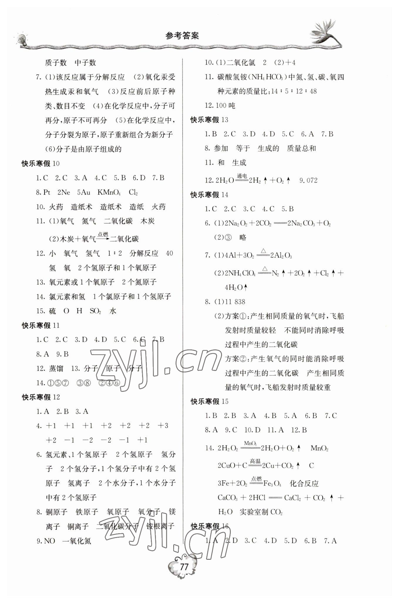 2023年新课堂寒假生活九年级化学人教版 参考答案第2页