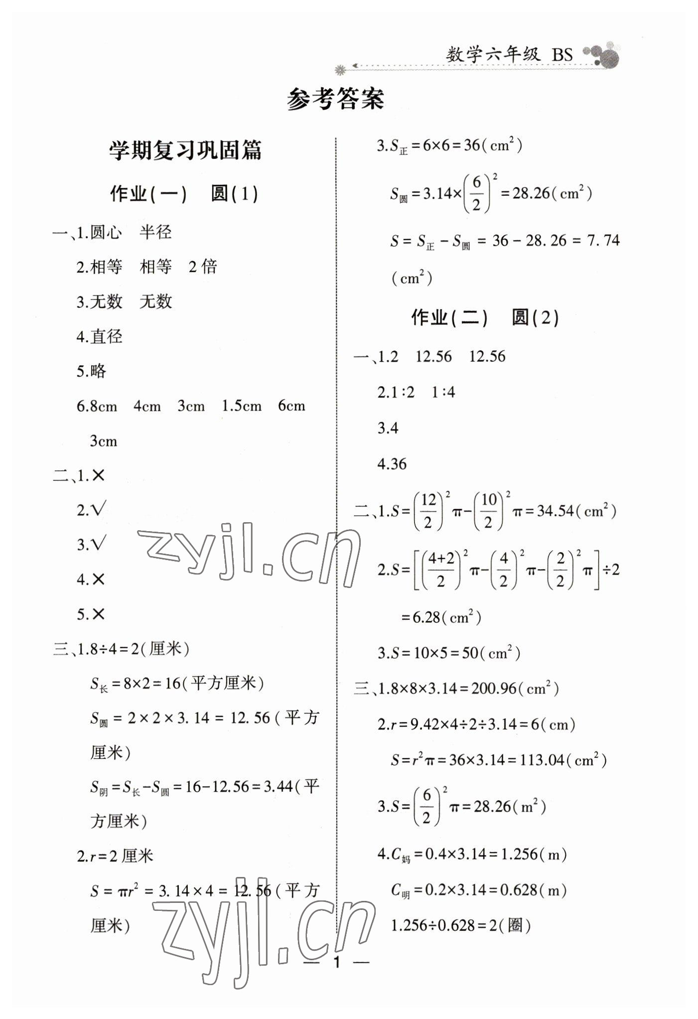 2023年全優(yōu)假期派六年級(jí)數(shù)學(xué)北師大版 參考答案第1頁(yè)