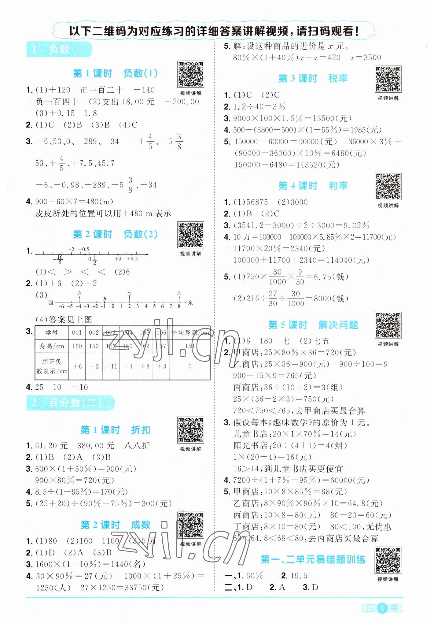 2023年阳光同学课时优化作业六年级数学下册人教版 第1页