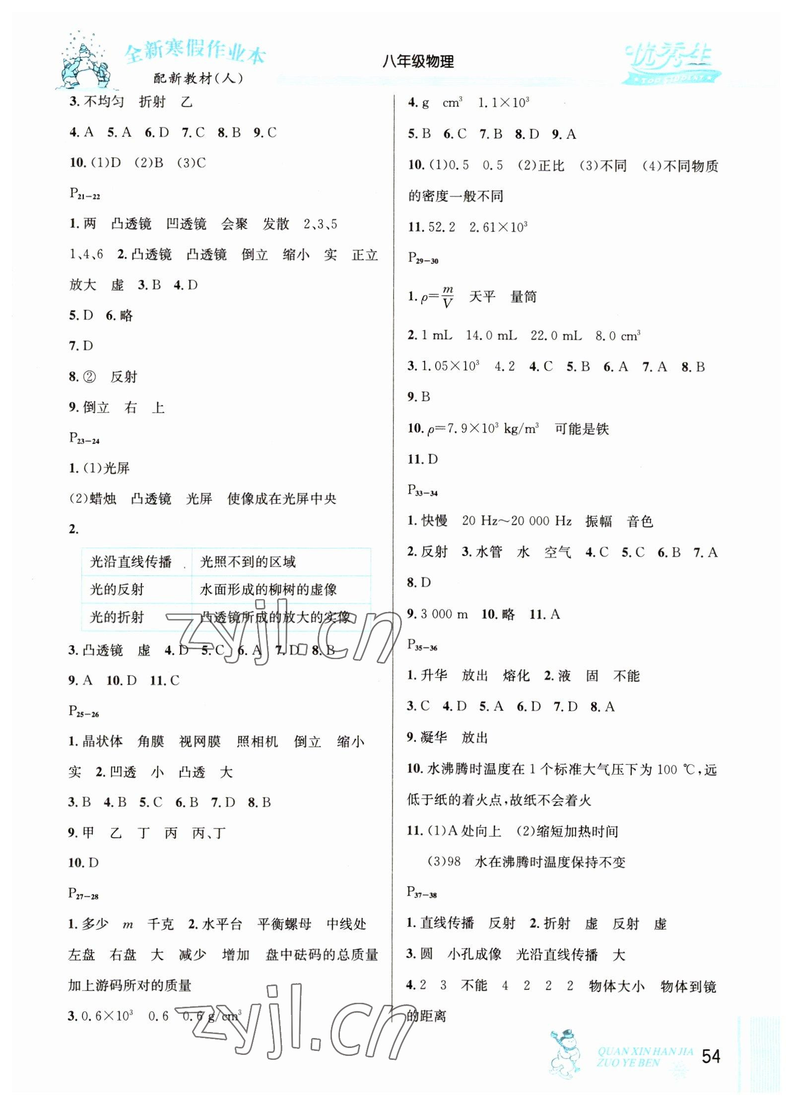 2023年优秀生快乐假期每一天全新寒假作业本八年级物理人教版 参考答案第2页