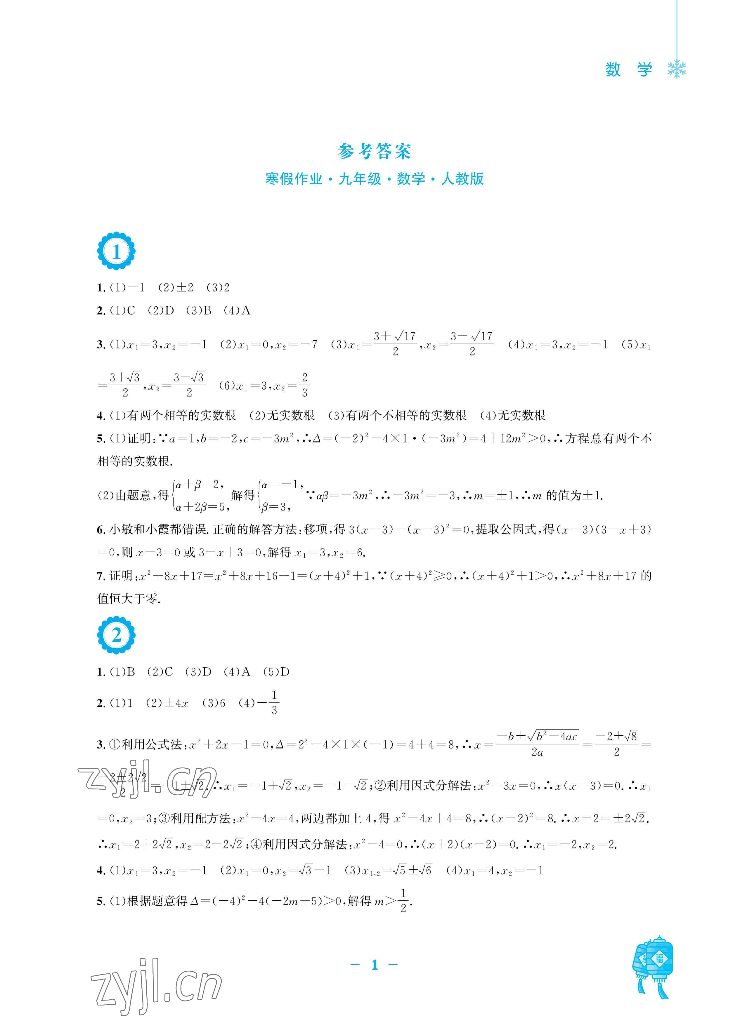 2023年寒假作业安徽教育出版社九年级数学人教版 参考答案第1页