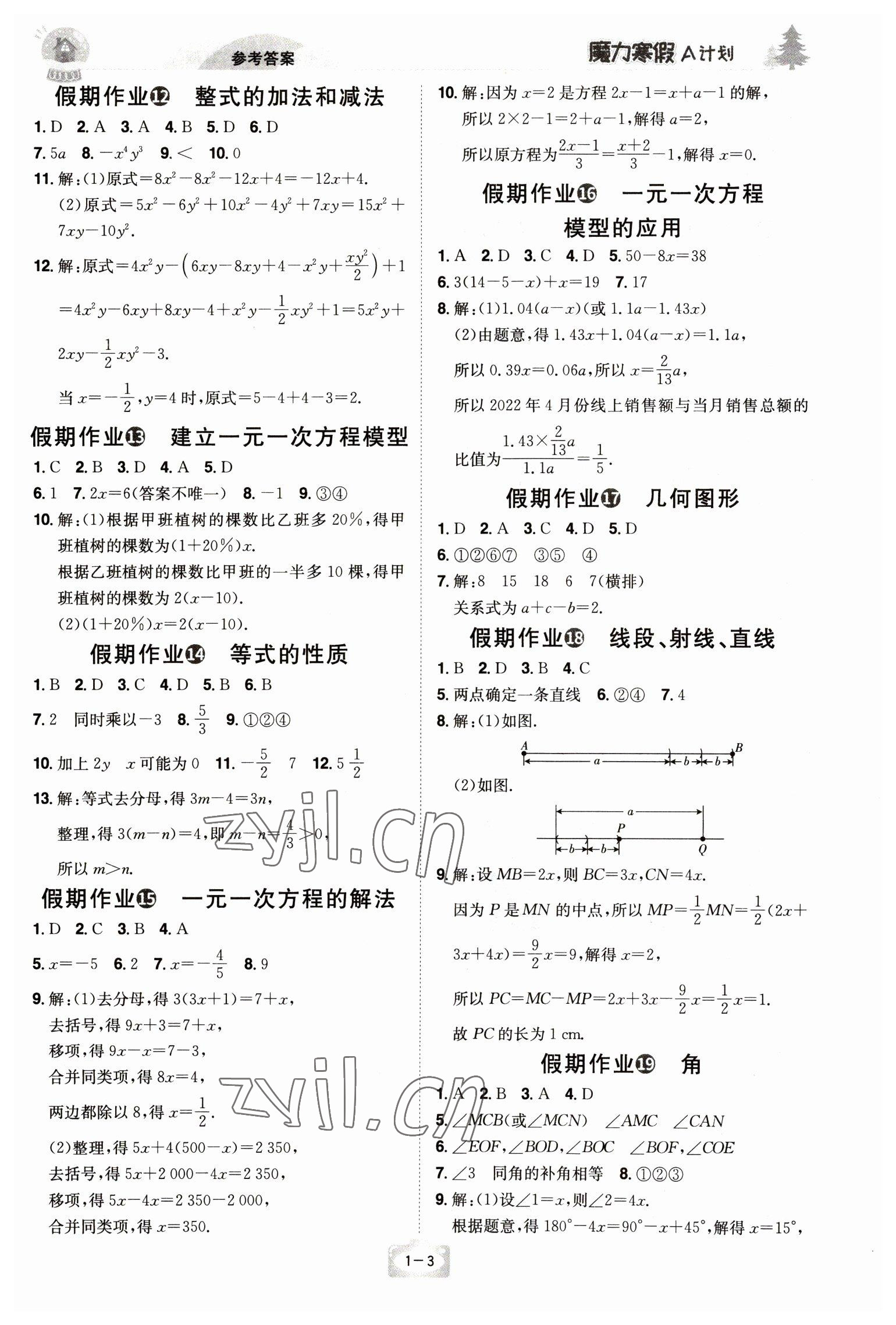 2023年魔力寒假A计划江西美术出版社七年级数学湘教版 参考答案第3页