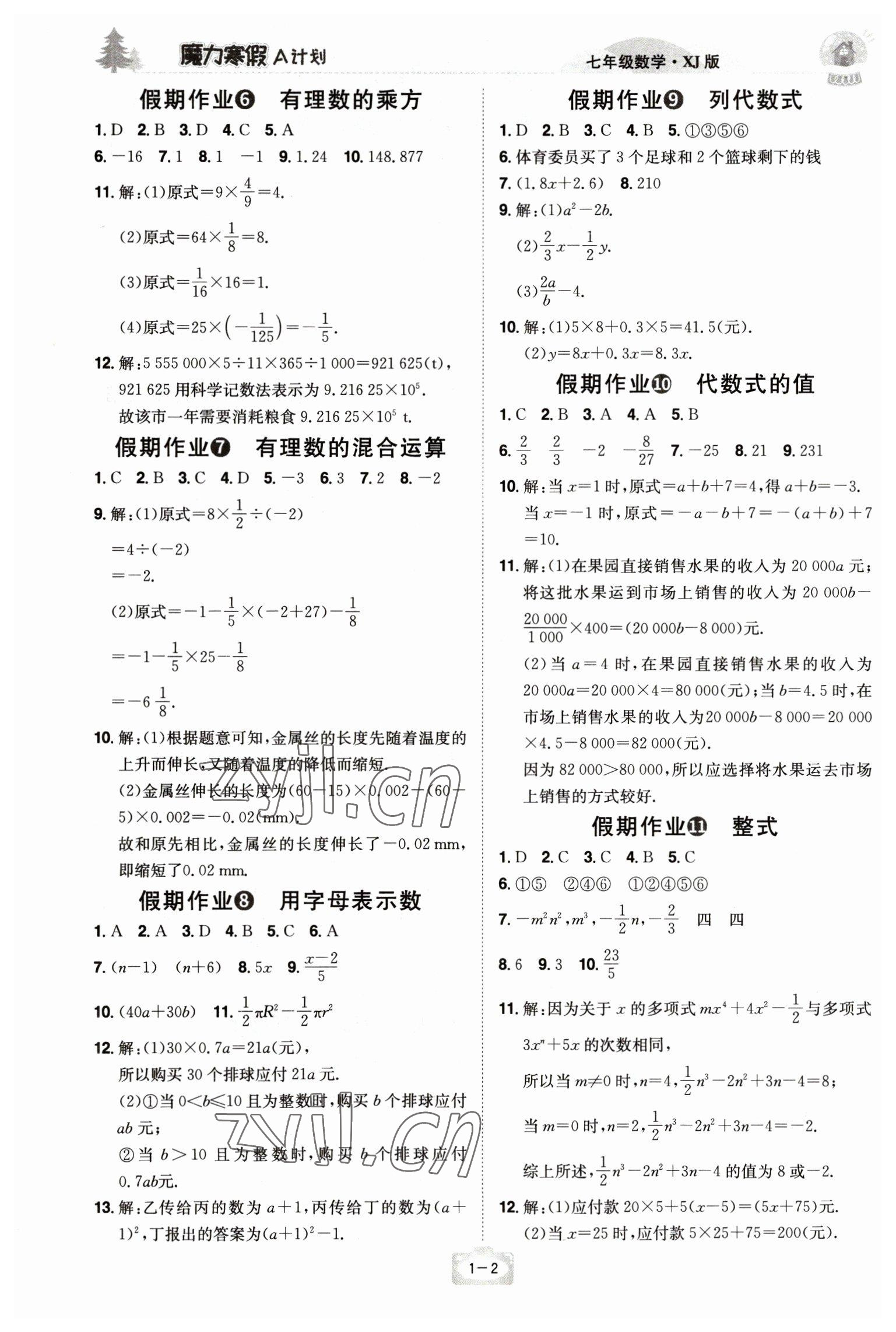 2023年魔力寒假A计划江西美术出版社七年级数学湘教版 参考答案第2页