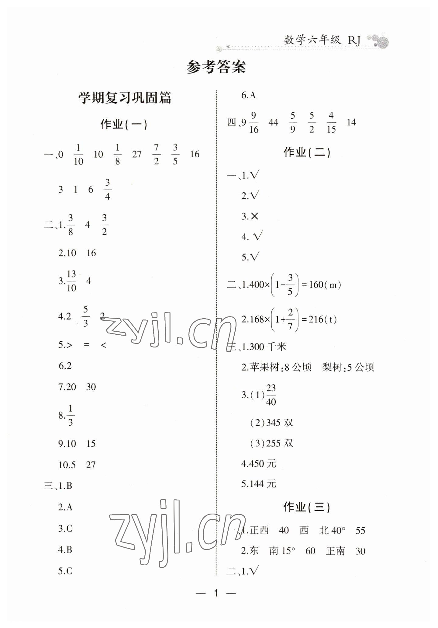 2023年全優(yōu)假期派六年級(jí)數(shù)學(xué)人教版 第1頁