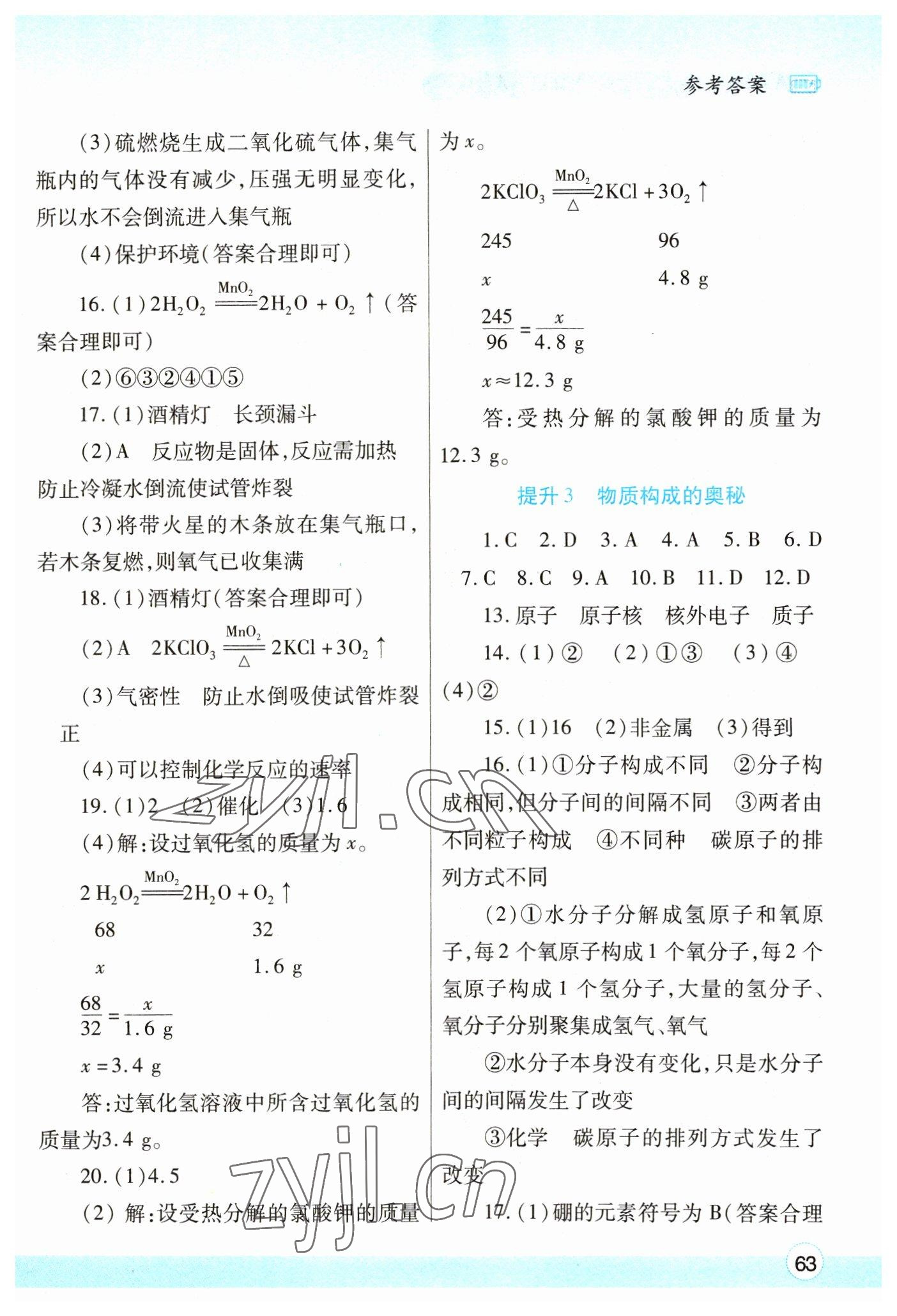 2023年寒假作业与生活陕西师范大学出版总社九年级化学人教版 参考答案第2页