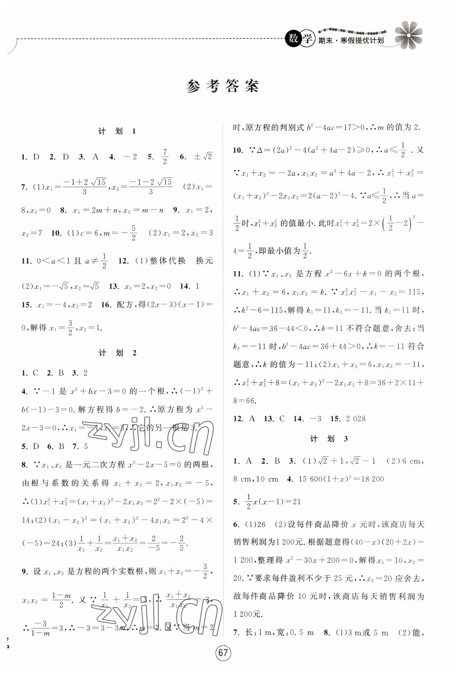 2023年期末寒假提优计划九年级数学苏科版 第1页