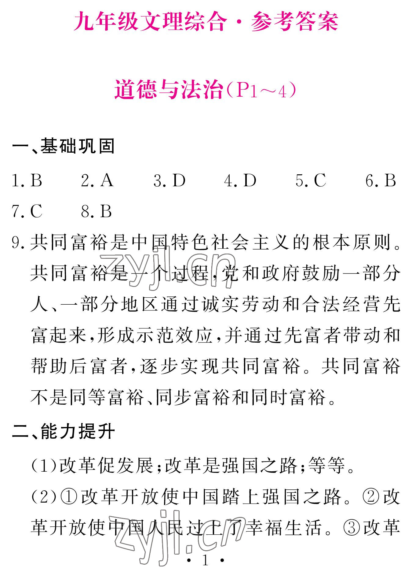 2023年天舟文化精彩寒假團結出版社九年級文理綜合 參考答案第1頁