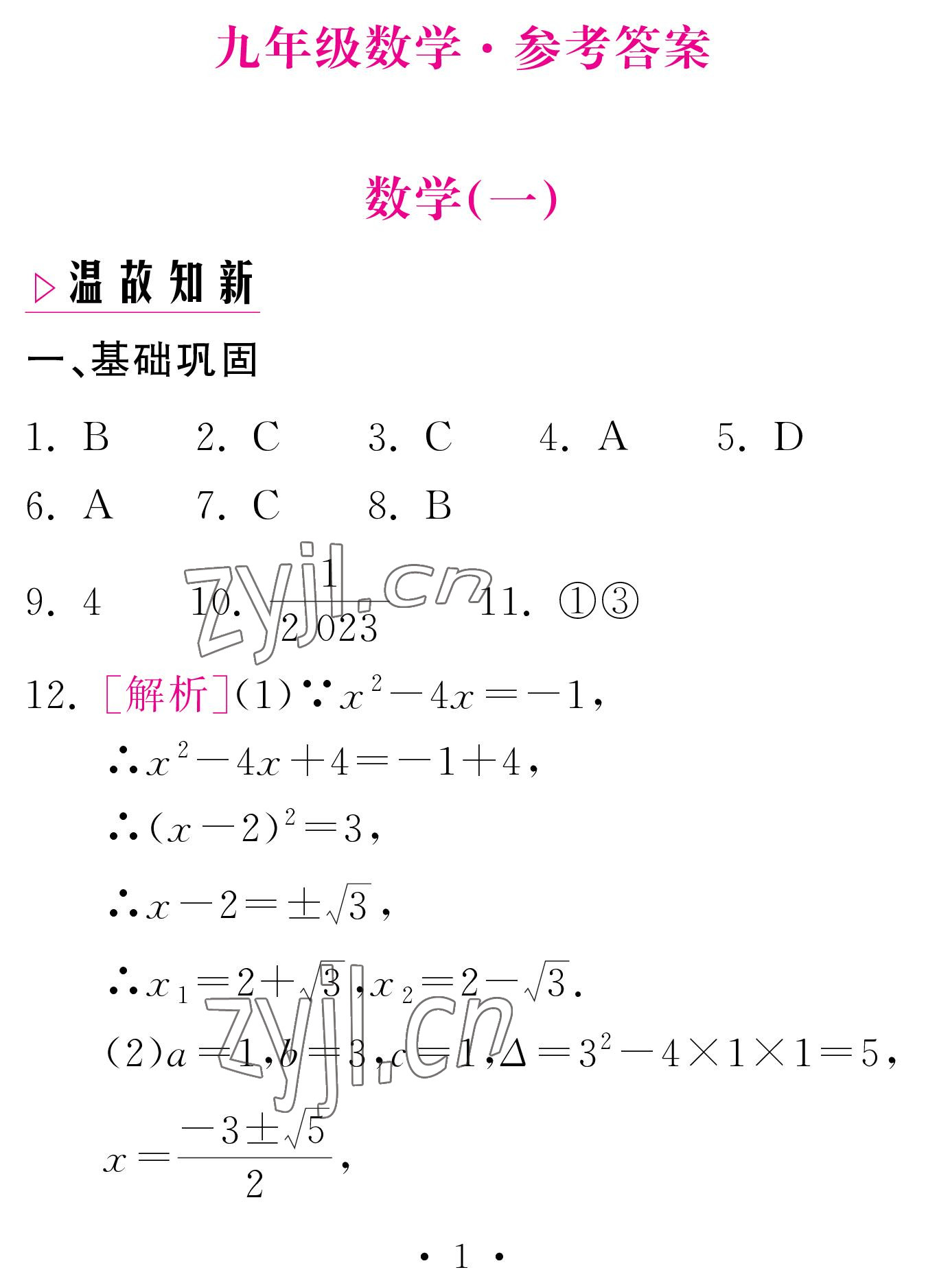 2023年天舟文化精彩寒假團(tuán)結(jié)出版社九年級數(shù)學(xué)人教版 參考答案第1頁