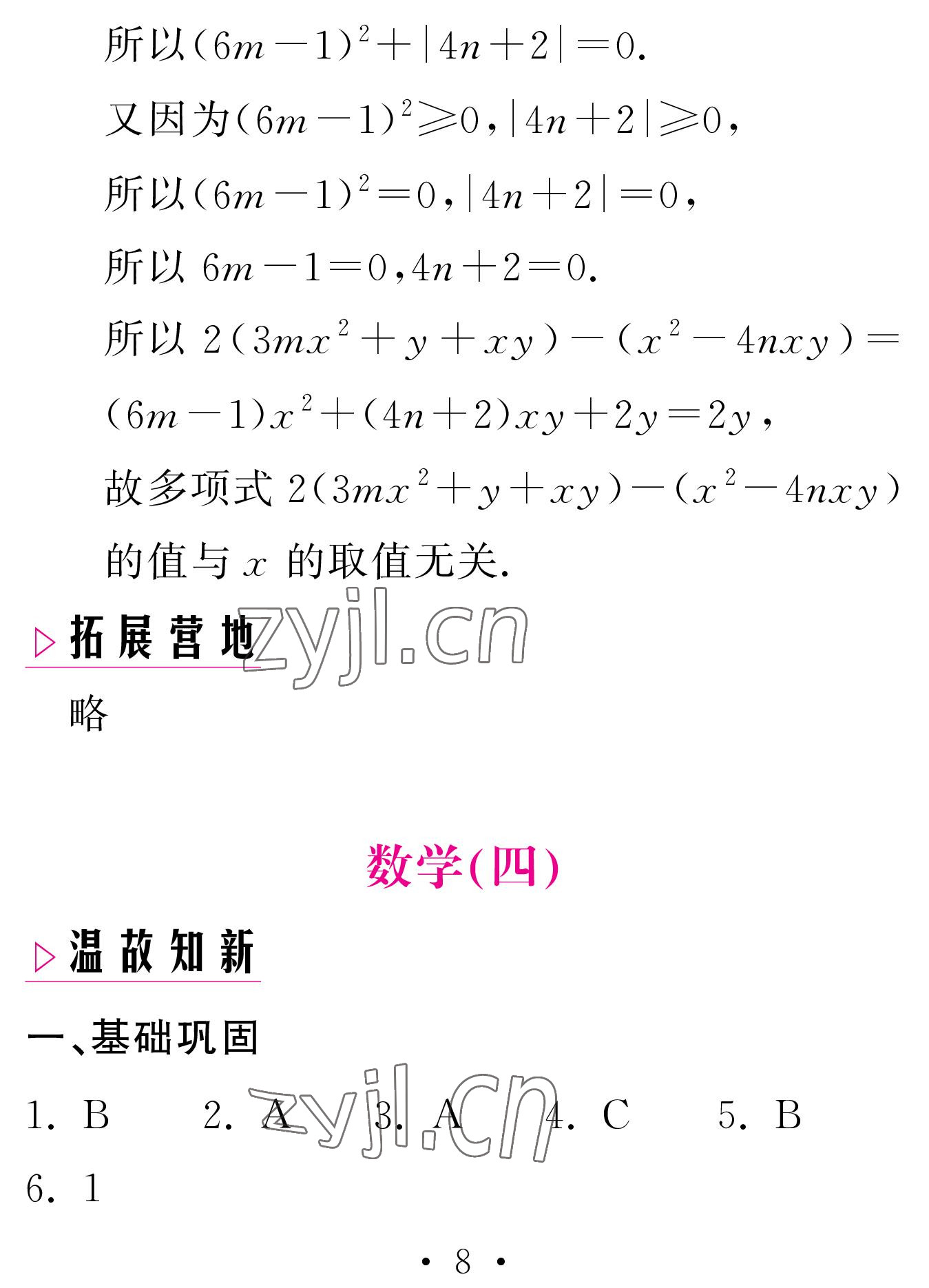 2023年天舟文化精彩寒假團(tuán)結(jié)出版社七年級(jí)數(shù)學(xué)人教版 參考答案第8頁