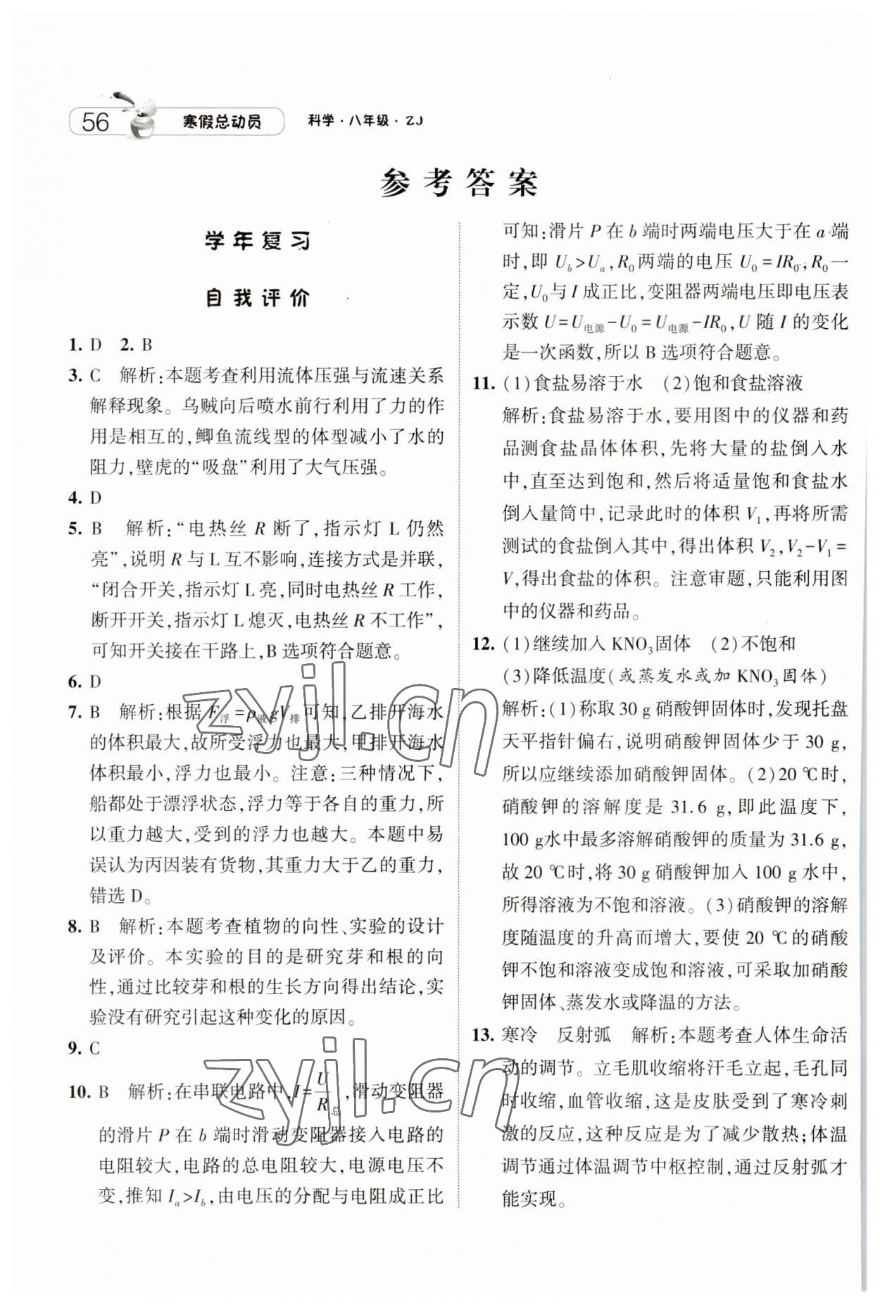 2023年经纶学典寒假总动员八年级科学浙教版 参考答案第1页