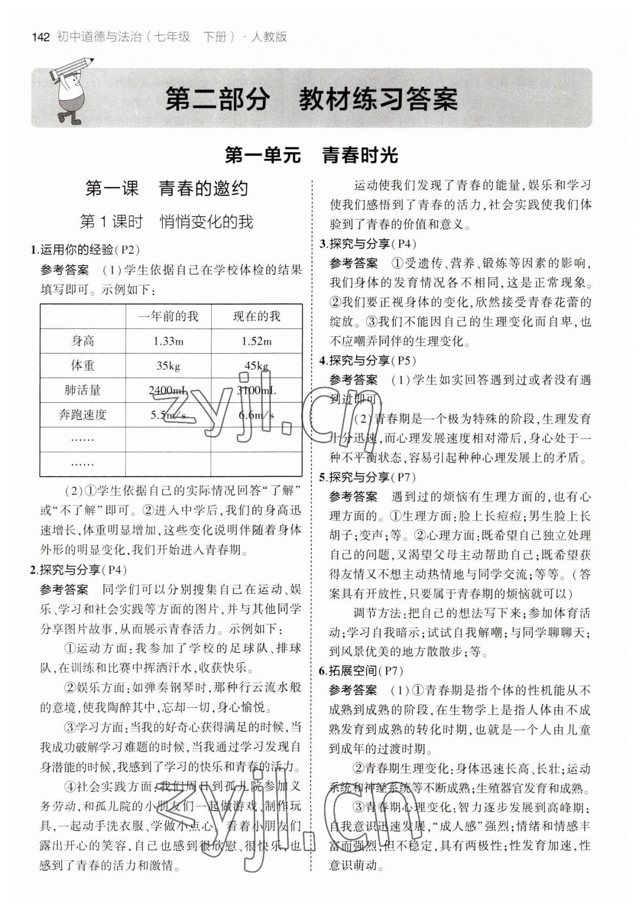 2023年教材课本七年级道德与法治下册人教版 参考答案第1页