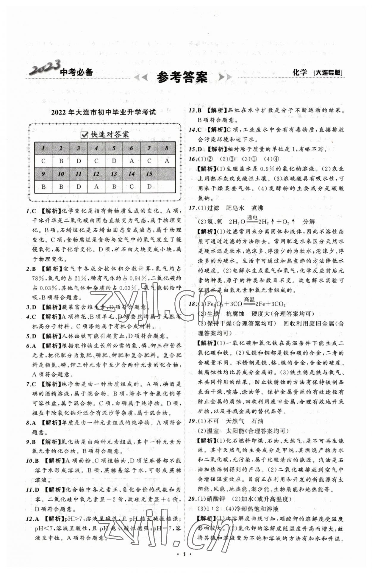 2023年中考必備化學大連專版 參考答案第1頁