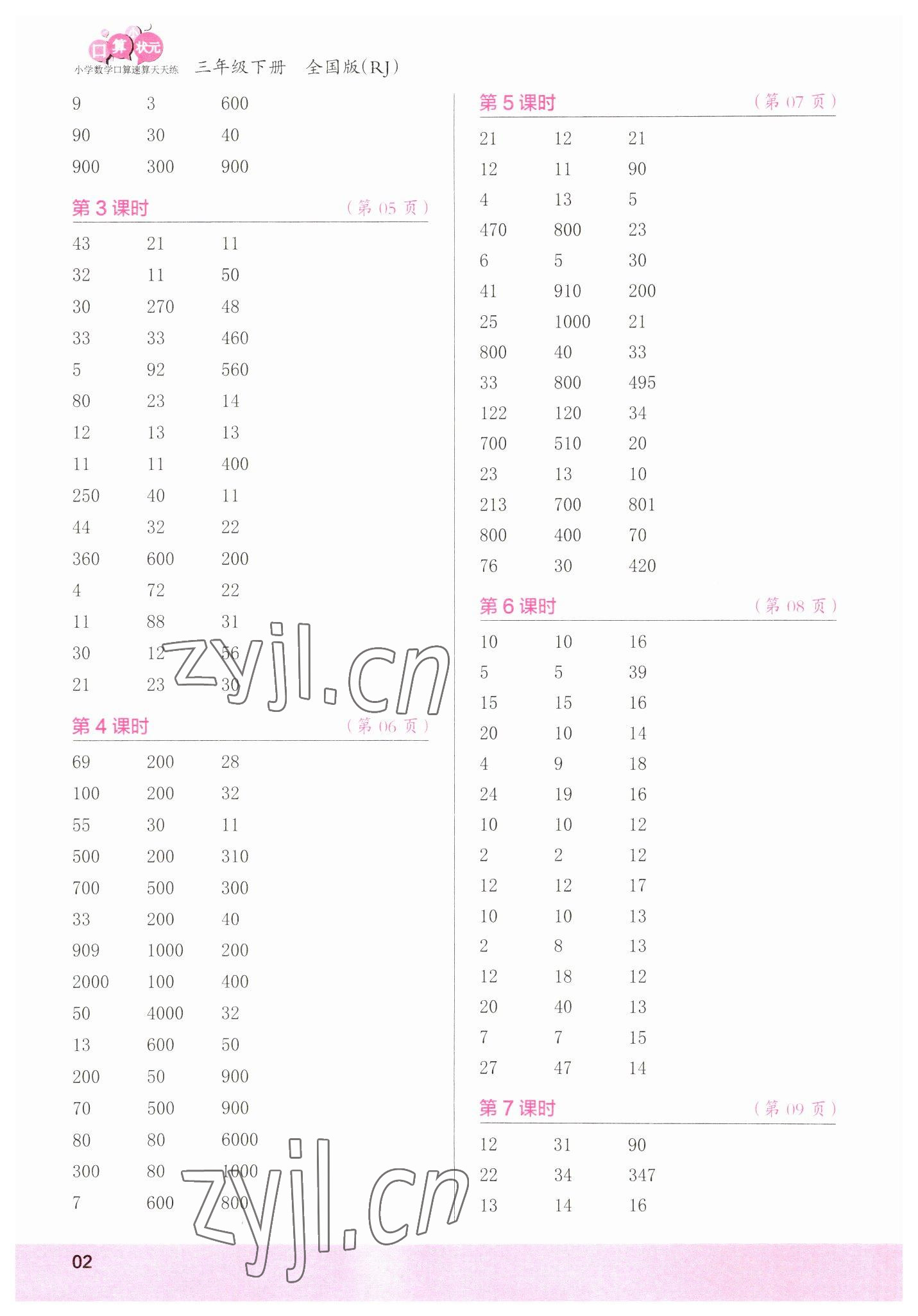 2023年口算小狀元口算速算天天練三年級(jí)數(shù)學(xué)下冊(cè)人教版 參考答案第2頁